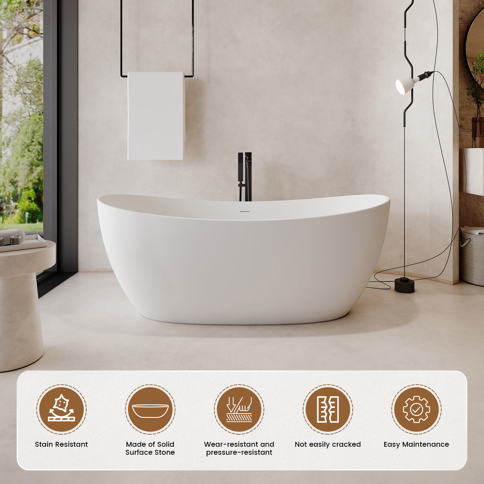 63" Freestanding Solid Surface Stone Bathtub with Symmetrical Moon Design