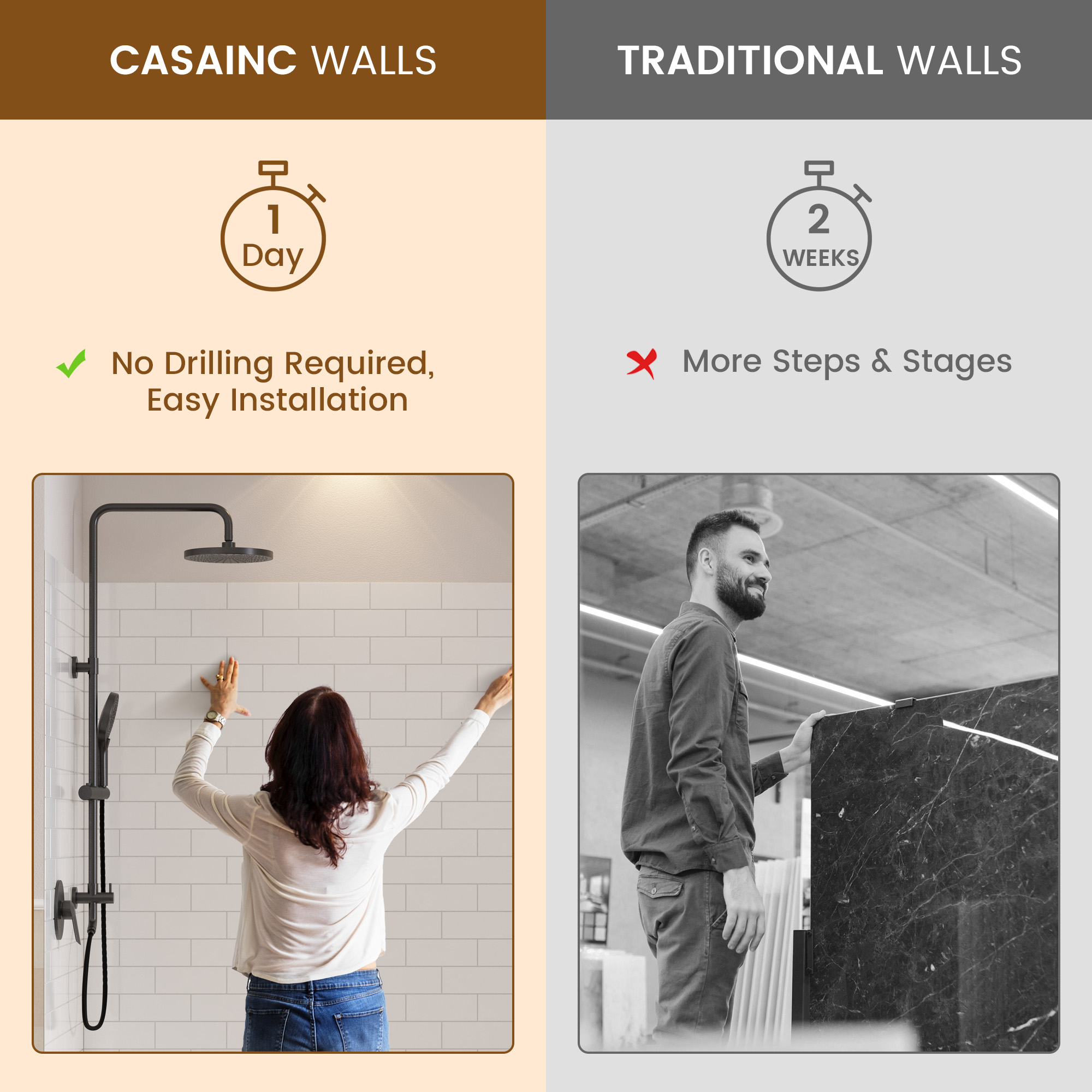 White Solid Surface 3-Piece Glue Up Alcove Shower Wall Surround