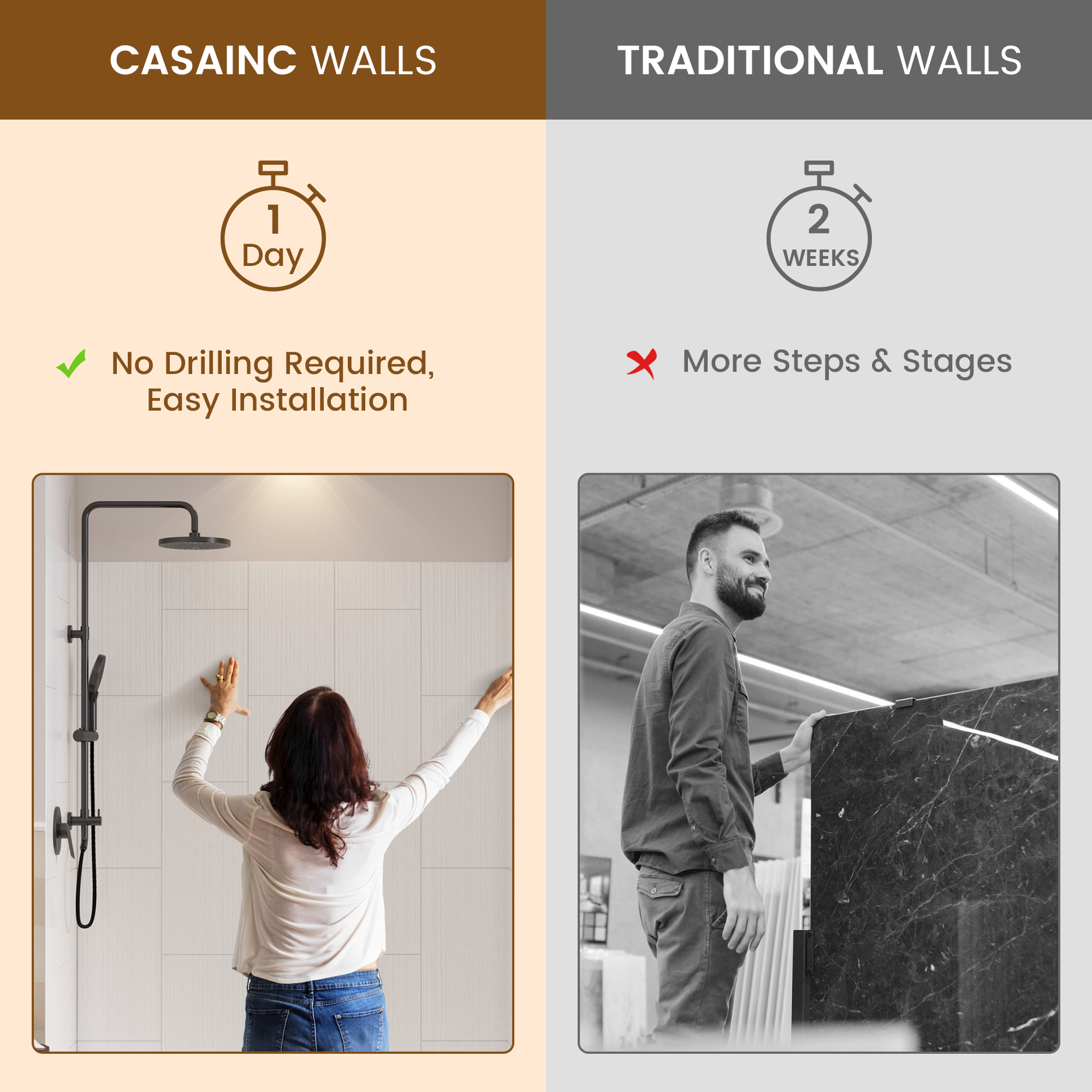 White Solid Surface 3-Piece Glue Up Alcove Shower Wall Surround