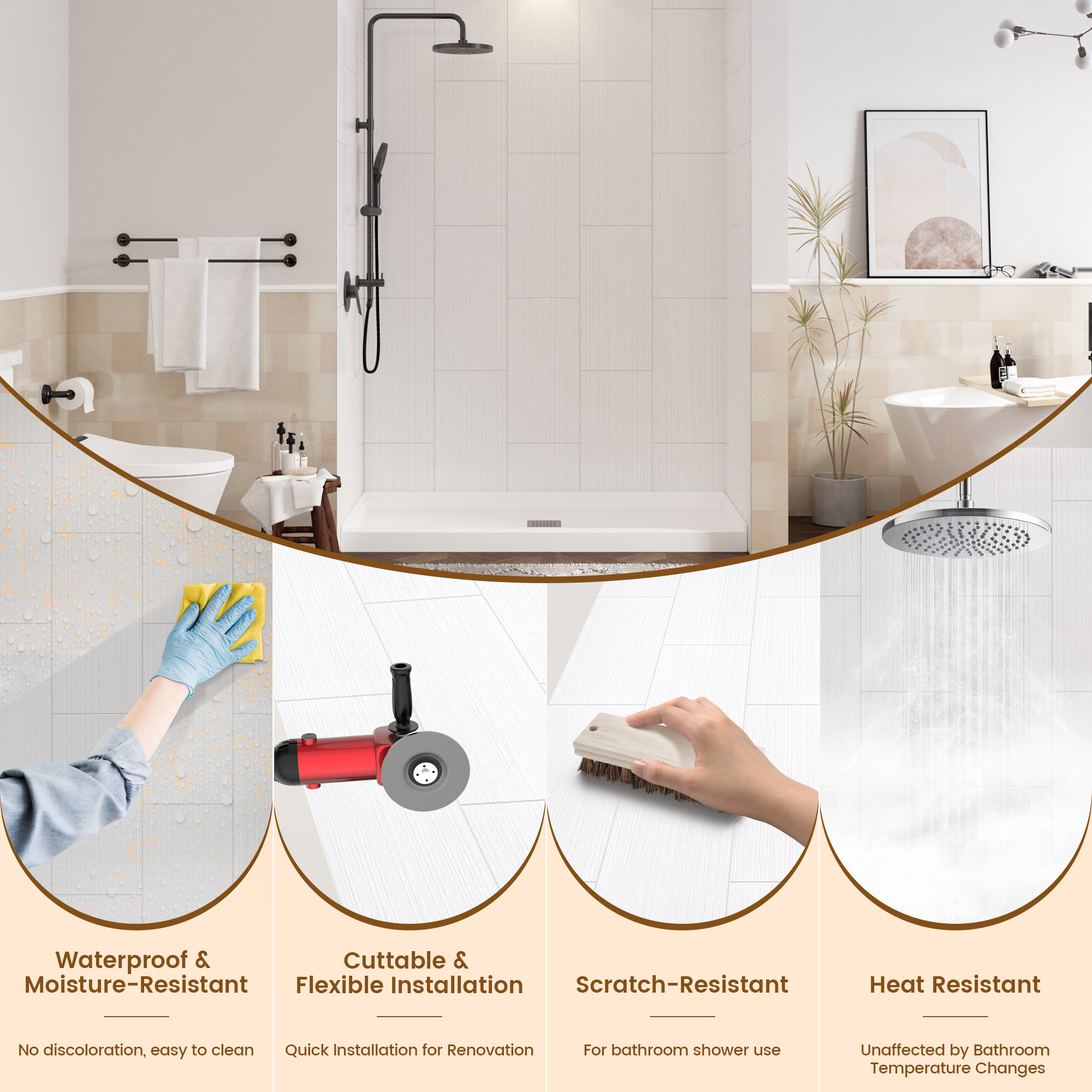 White Solid Surface 3-Piece Glue Up Alcove Shower Wall Surround