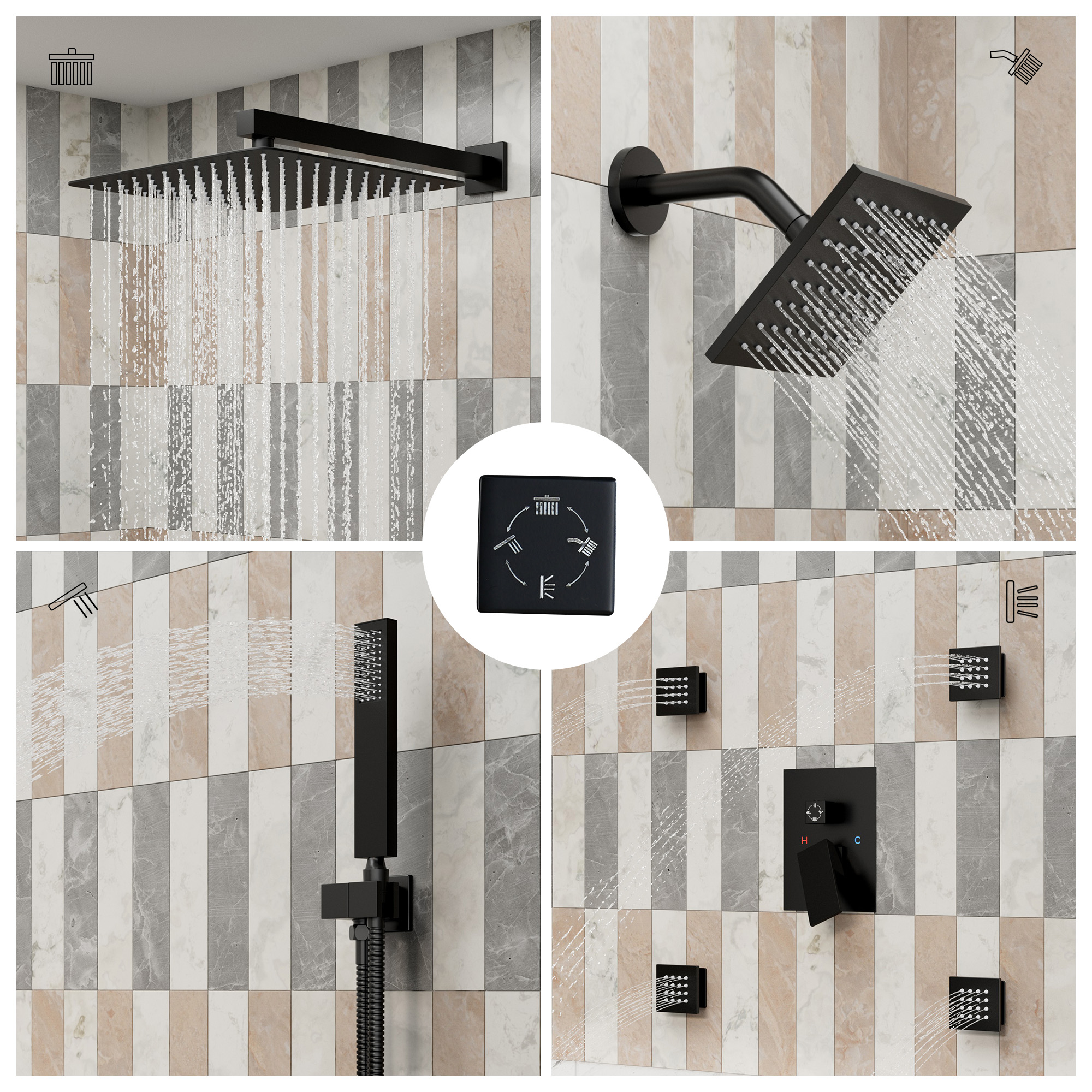 12-inch Wall-Mounted 4-Function Dual Shower System with Body Jets