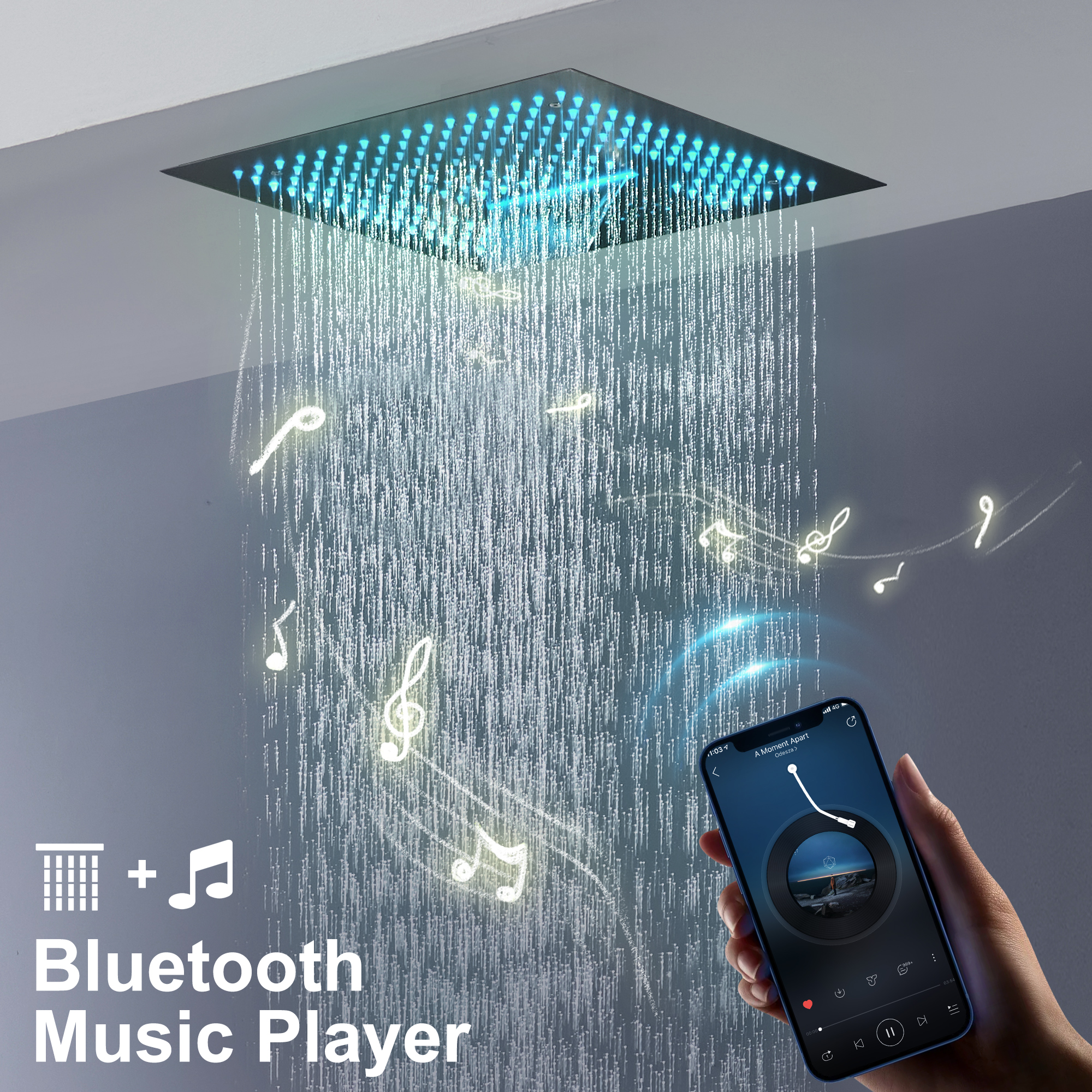16" Ceiling-Mount 4-Way Shower System with LED Display and Music Player
