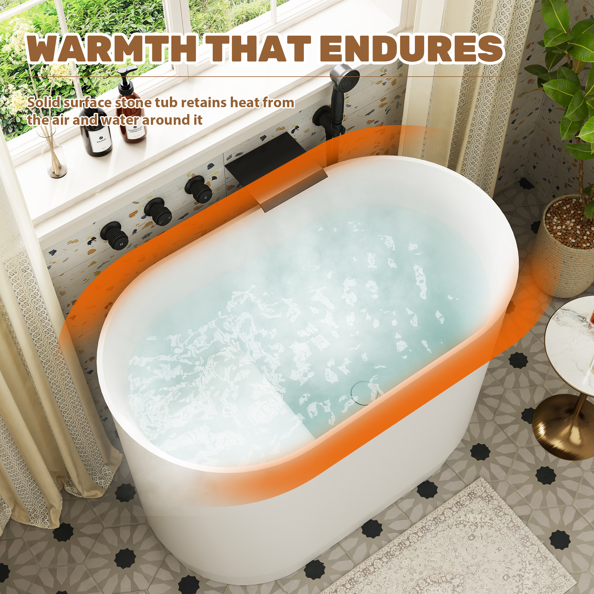 39" Small Freestanding Oval Solid Surface Soaking Bathtub with Built-In Seat - Tangent