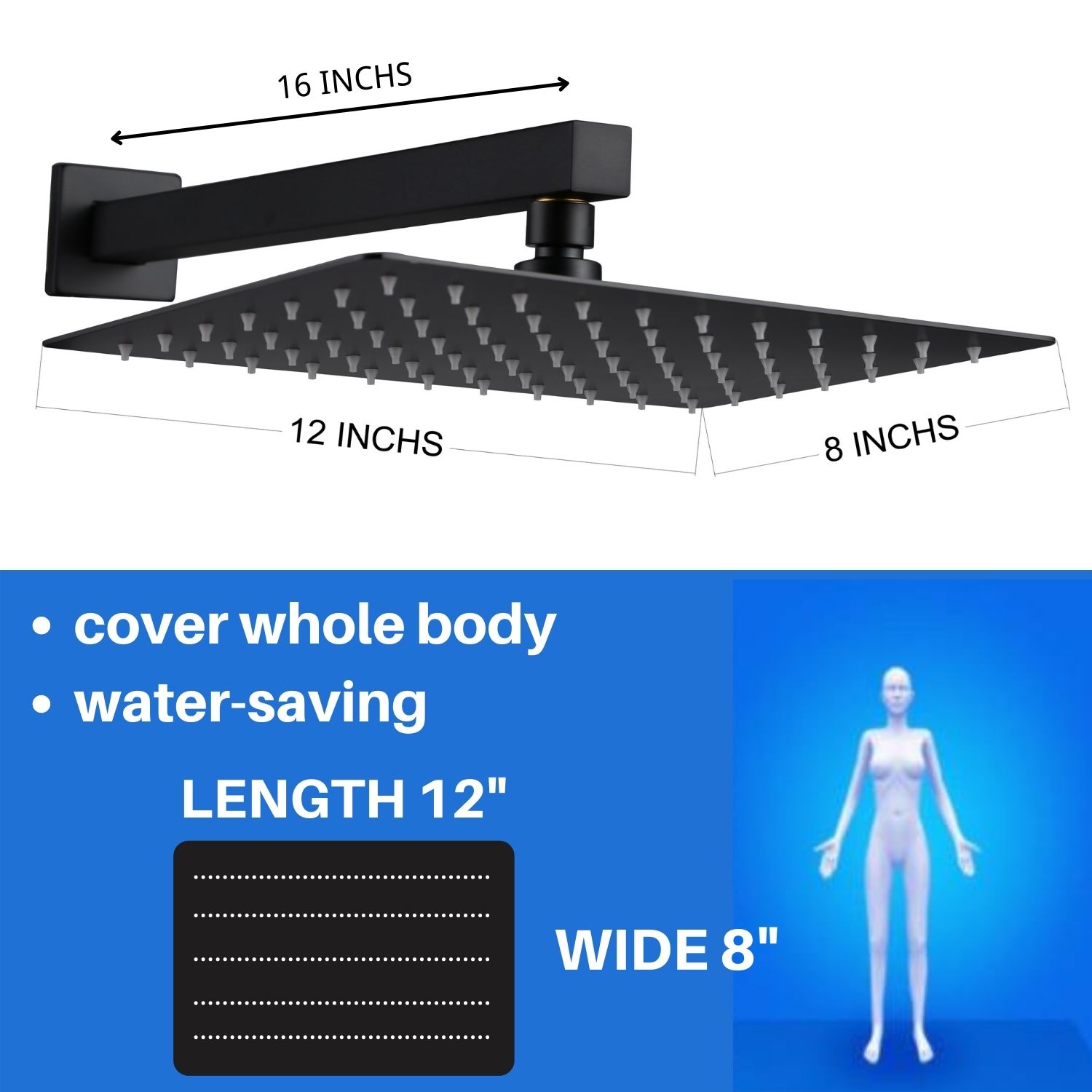 12*8 inch Wall Mounted Shower System with 3-Spray Hand Shower