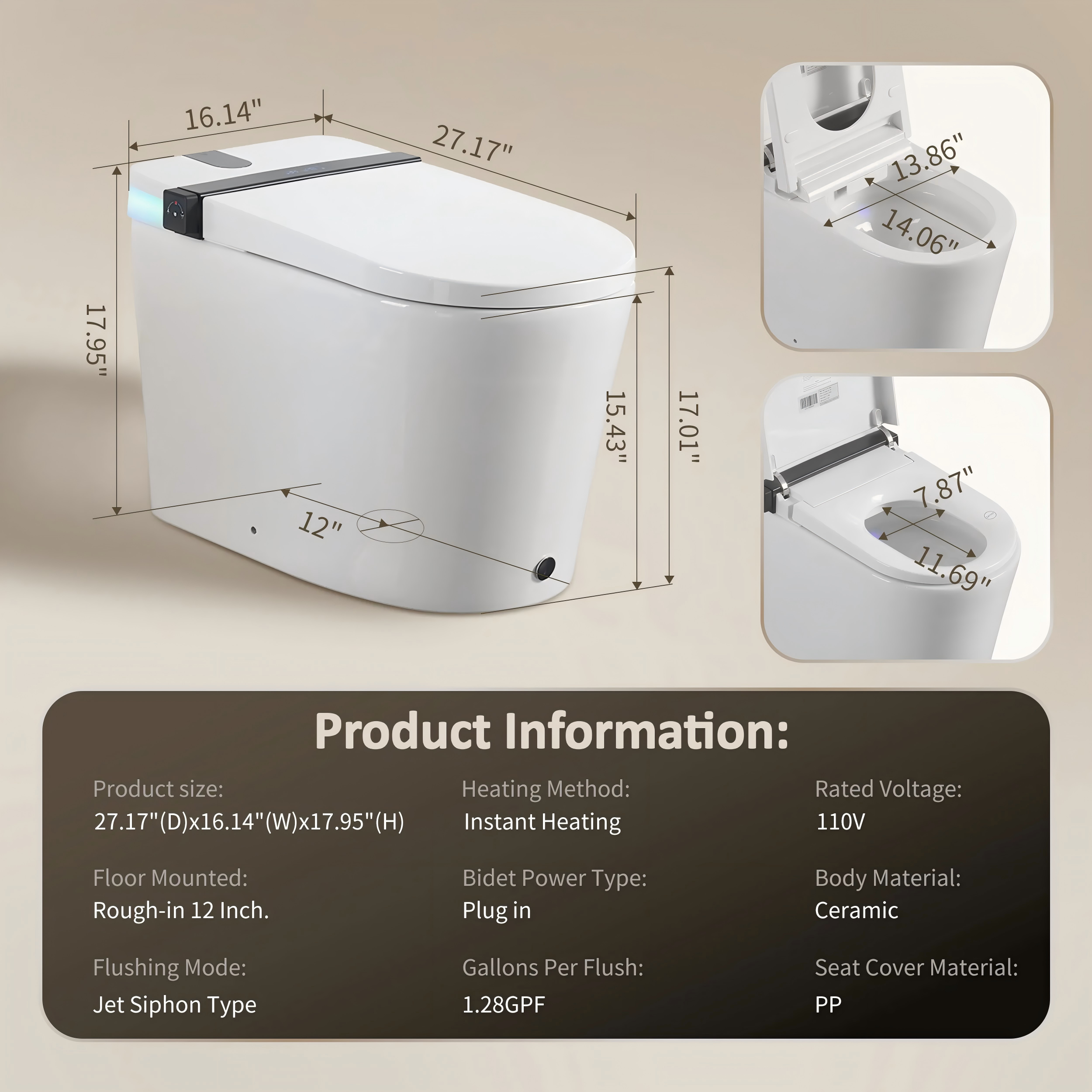 Foam Shield Smart Bidet Toilet with Automatic Lid & Multiple Wash Modes