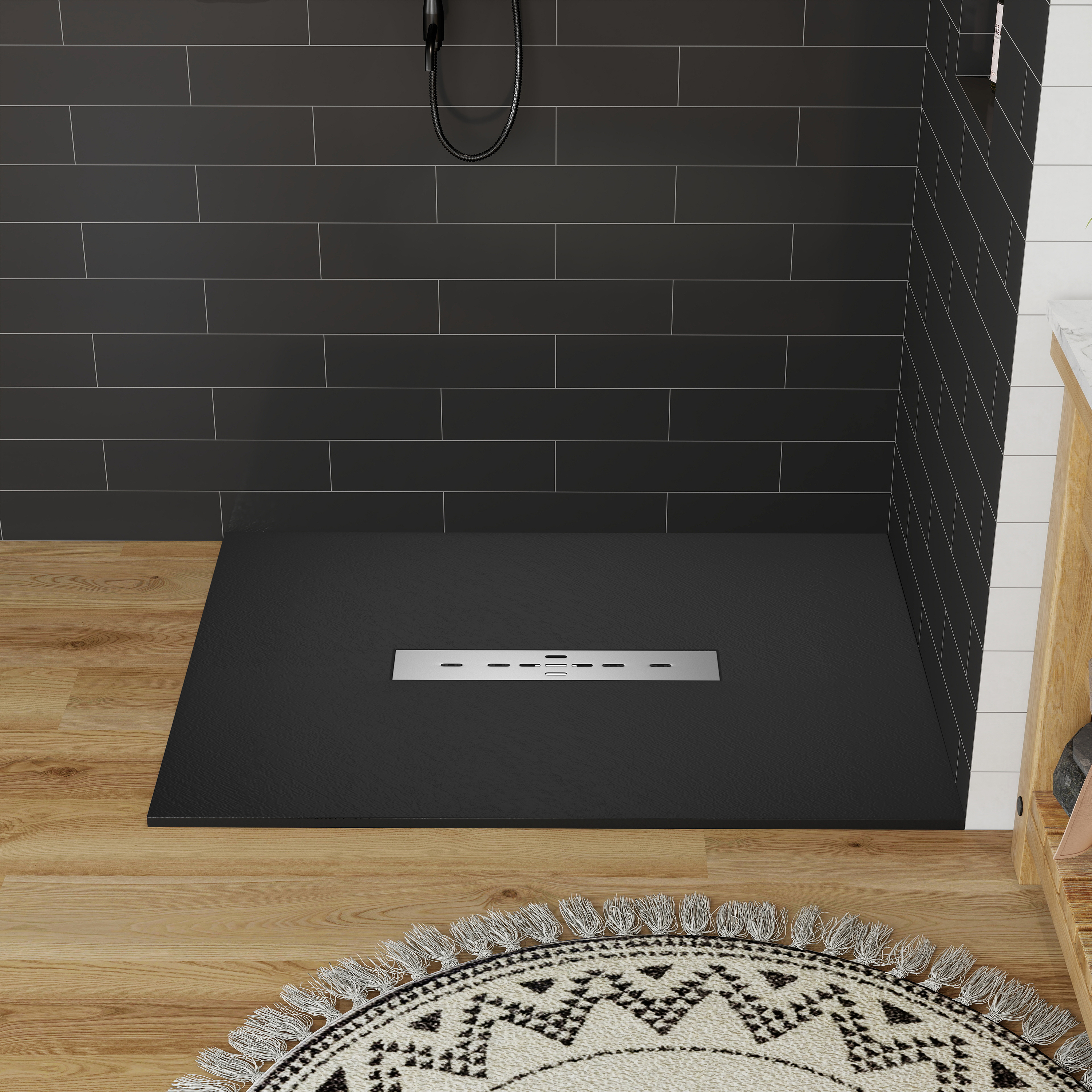 Durable SMC Composite Shower Base Pan with Center Drain in Black & White