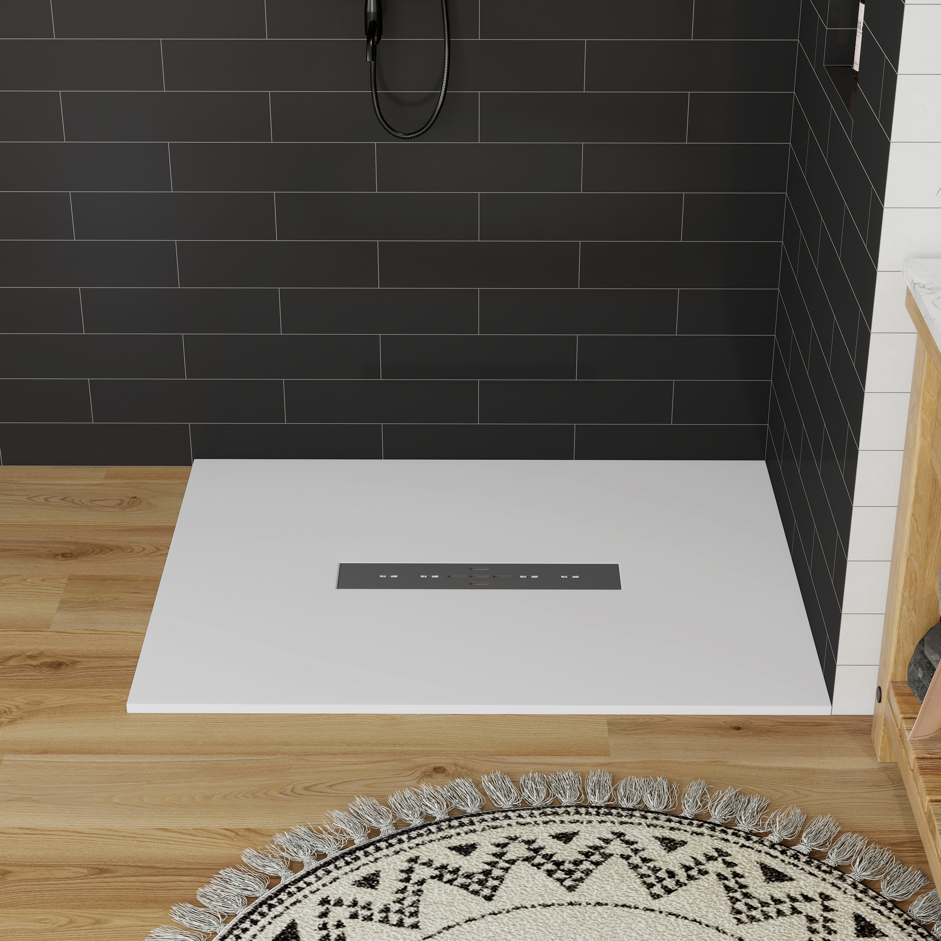 Durable SMC Composite Shower Base Pan with Center Drain in Black & White