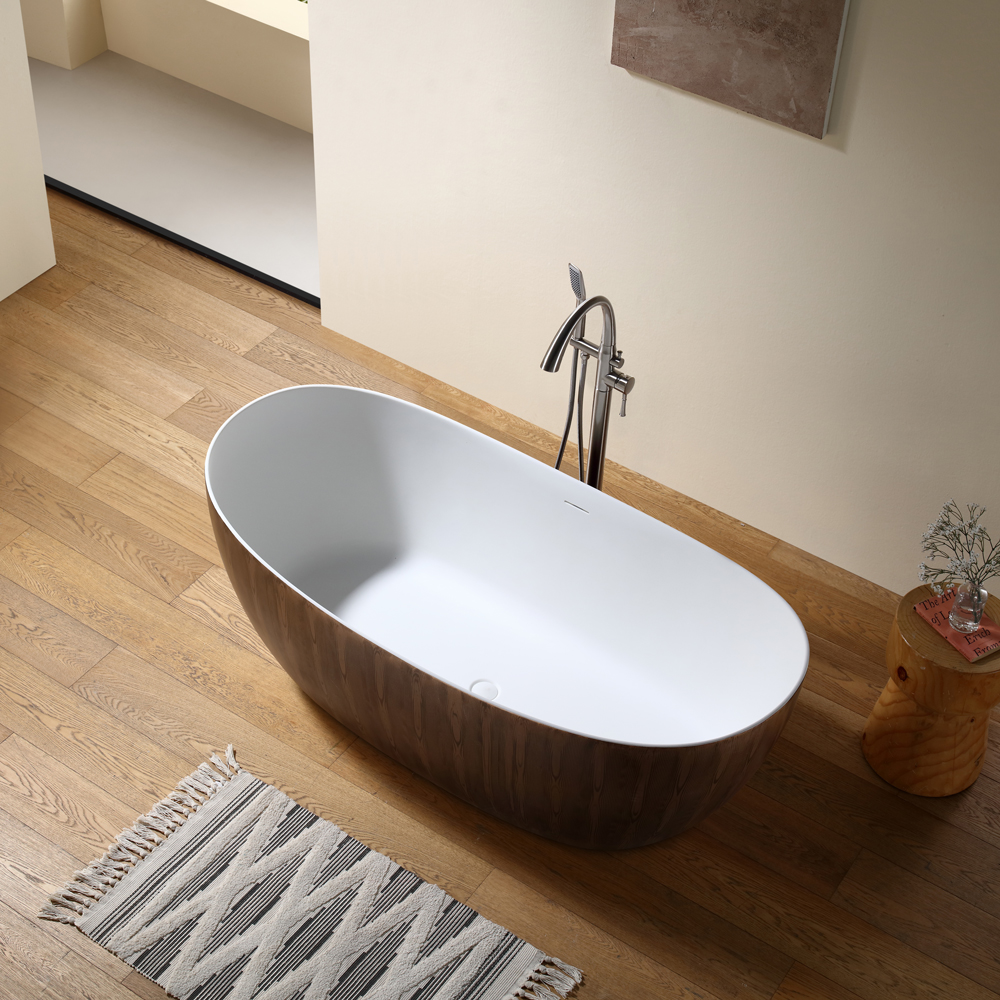 67" Crescent Solid Surface Freestanding Bathtub with Wood Grain Exterior & Ergonomic Backrest