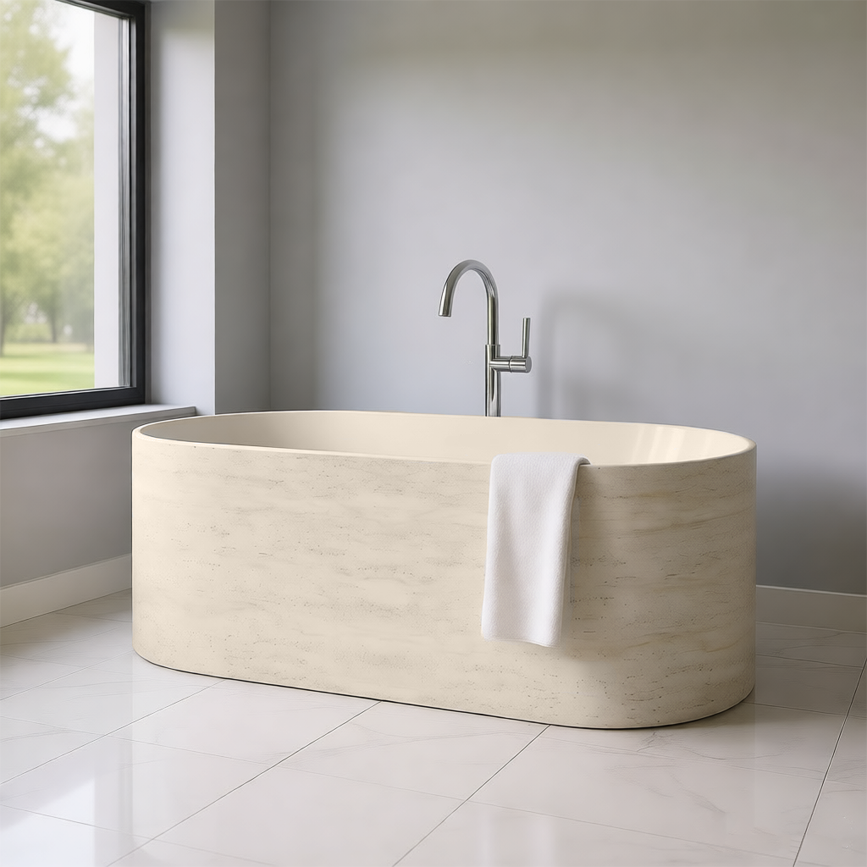 63" Travertine-Inspired Solid Surface Freestanding Bathtub with Handcrafted Texture