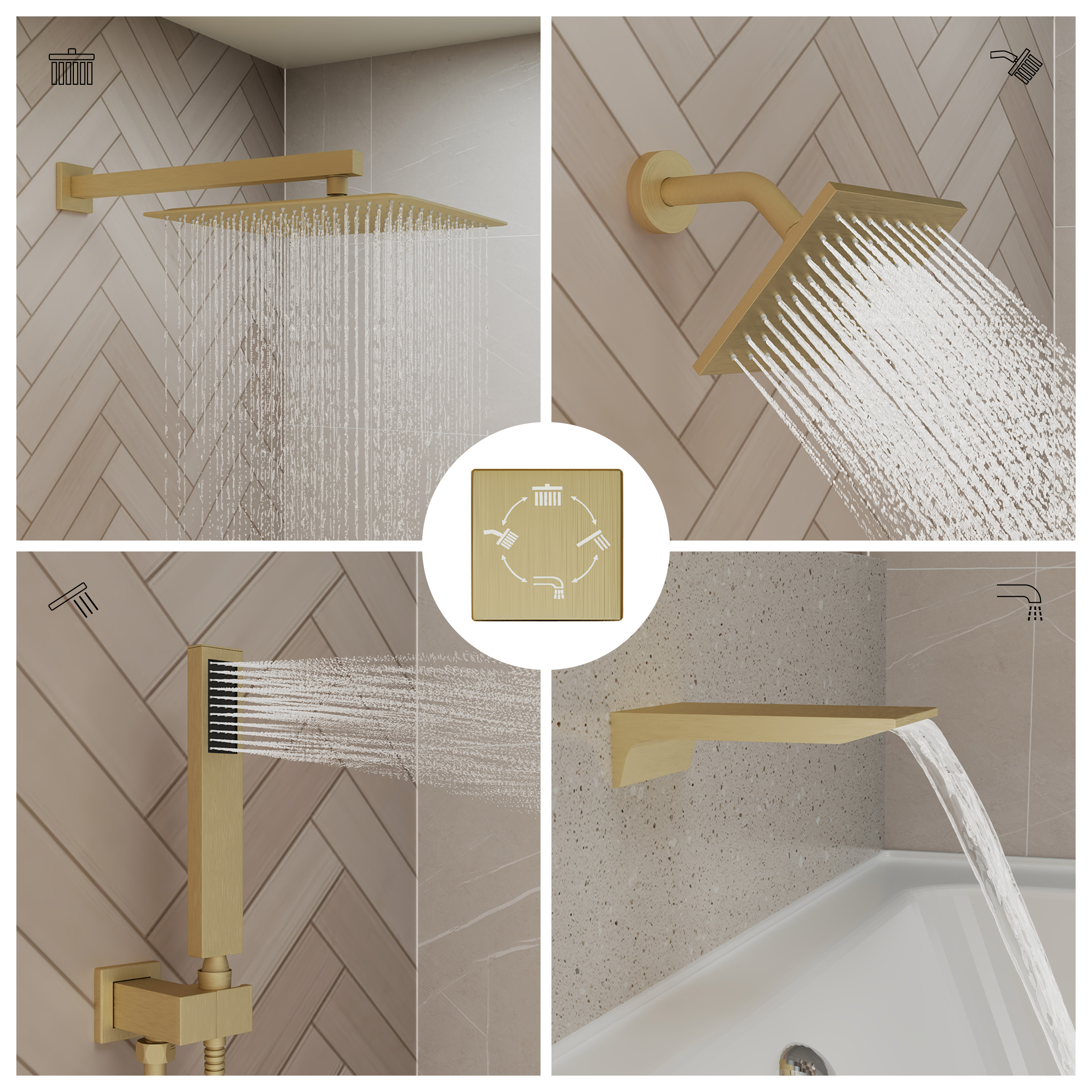 12" 4-Function Dual Shower Head System with Tub Spout