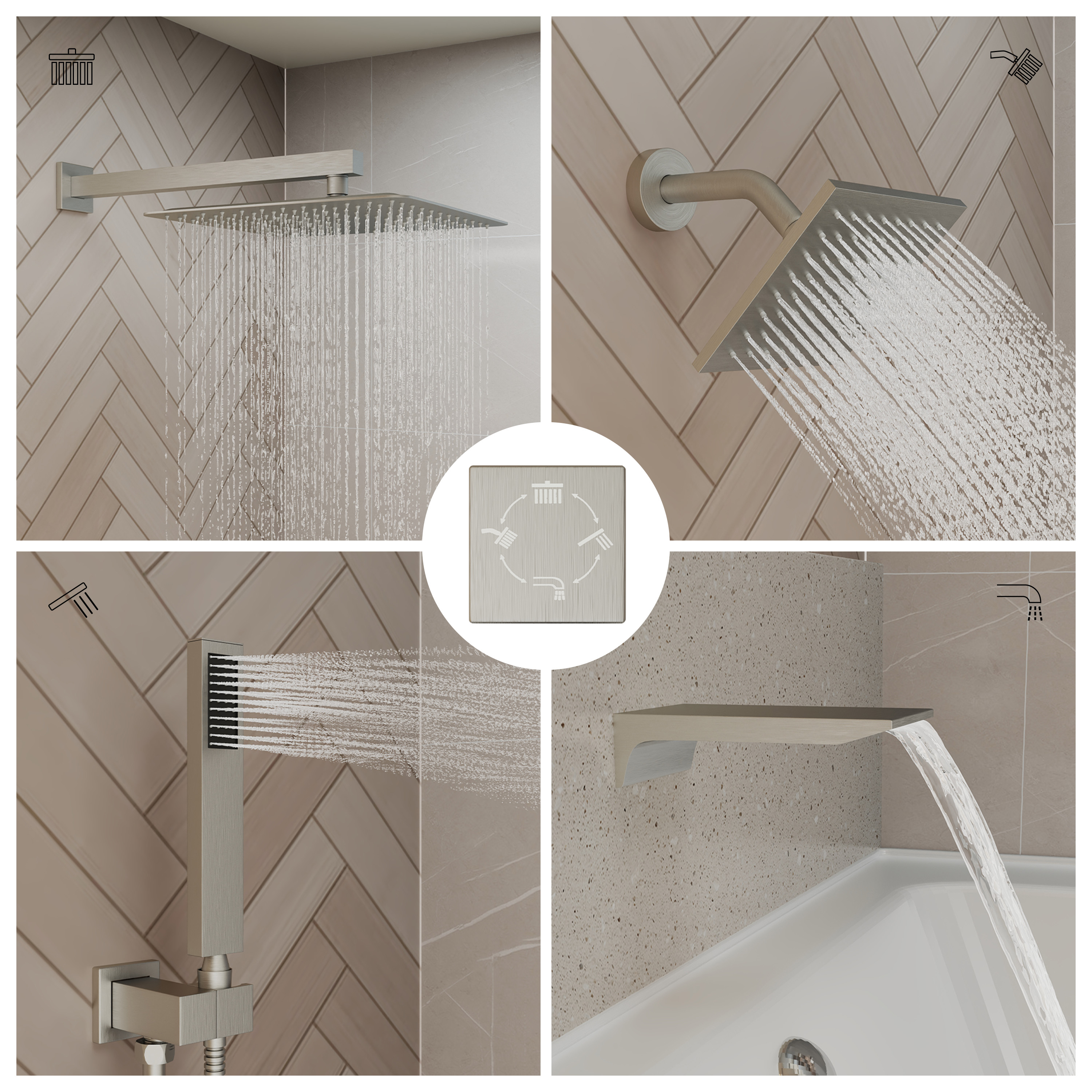 12" 4-Function Dual Shower Head System with Tub Spout