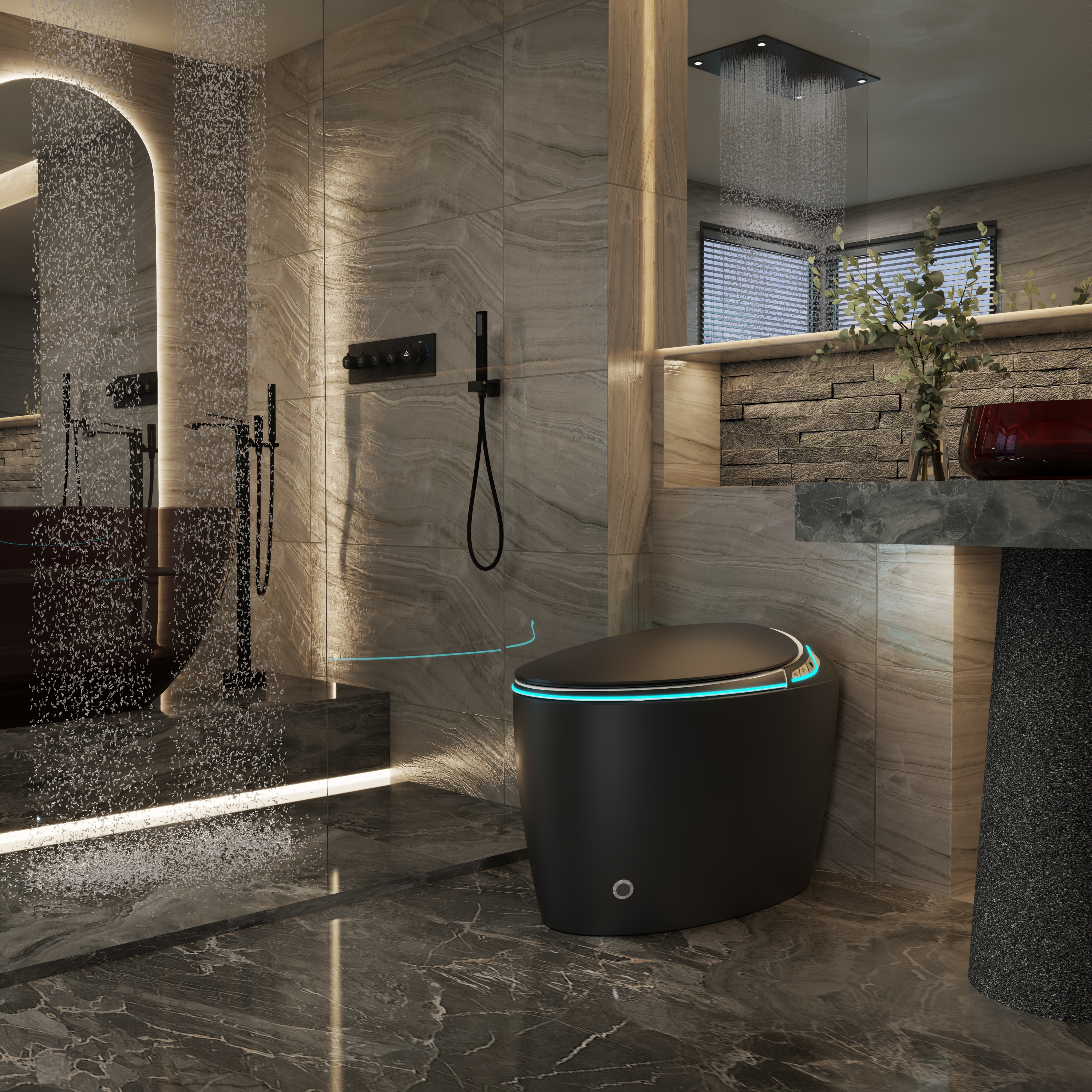 Egg-Shaped Smart Toilet with Automatic Lid, Heated Seat & Bidet Wash, Black & Pink