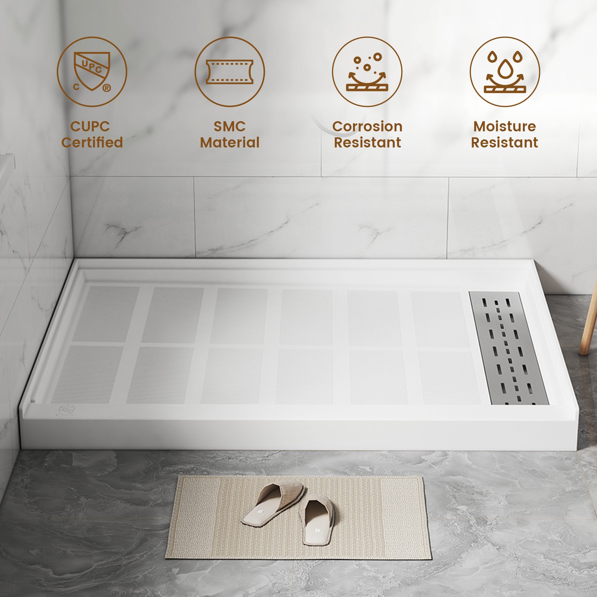 60"x32" White SMC Single Threshold Alcove Shower Pan Base