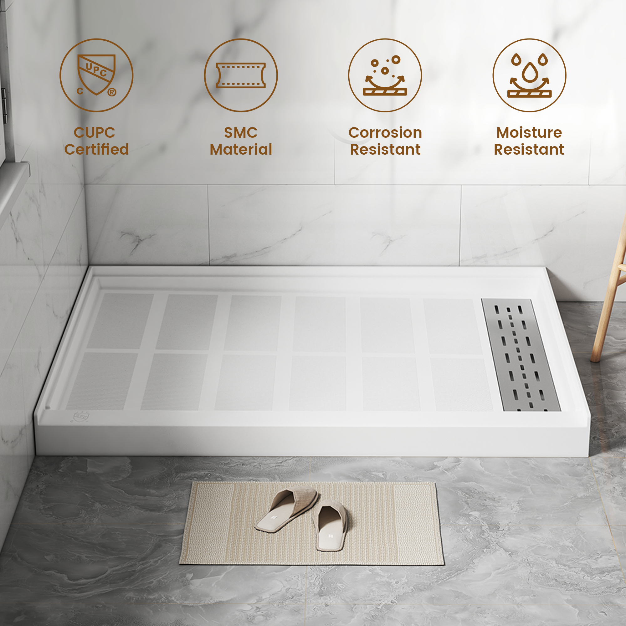 60"x30" SMC Alcove Shower Pan Base in White, Drain Included