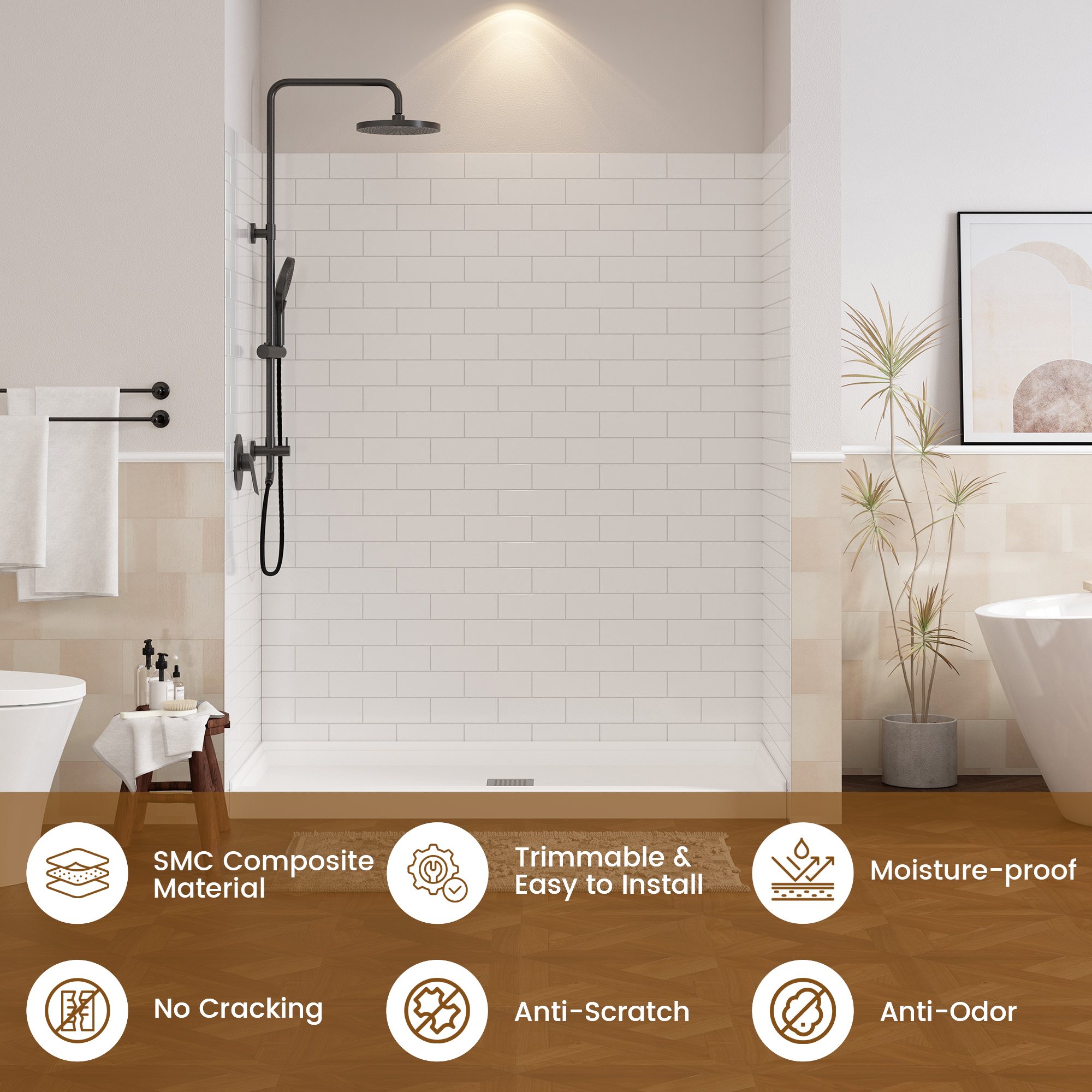 White SMC 3-Piece Glue Up Alcove Shower Wall Surround