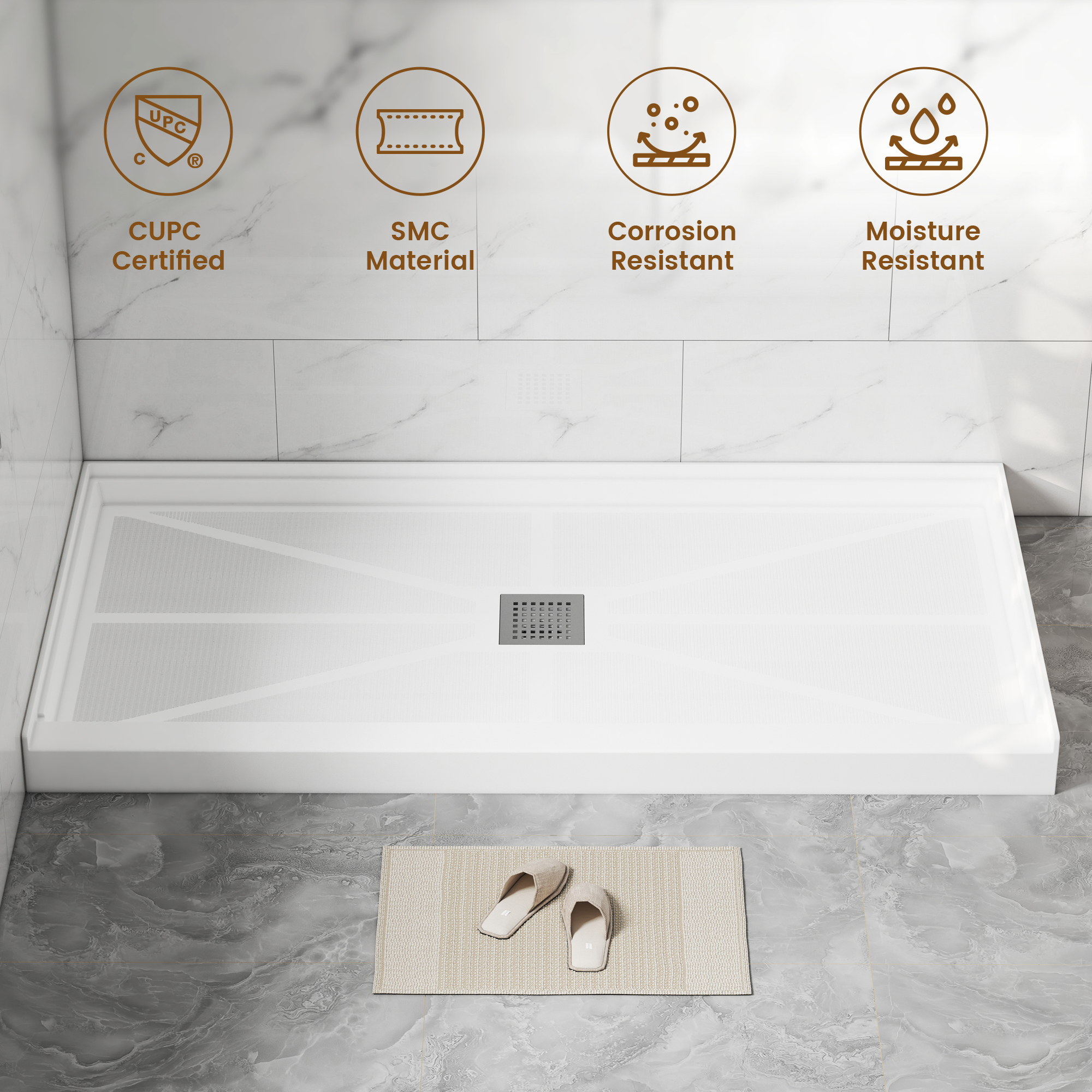 Rectangle SMC White Shower Pan Base with Center Drain