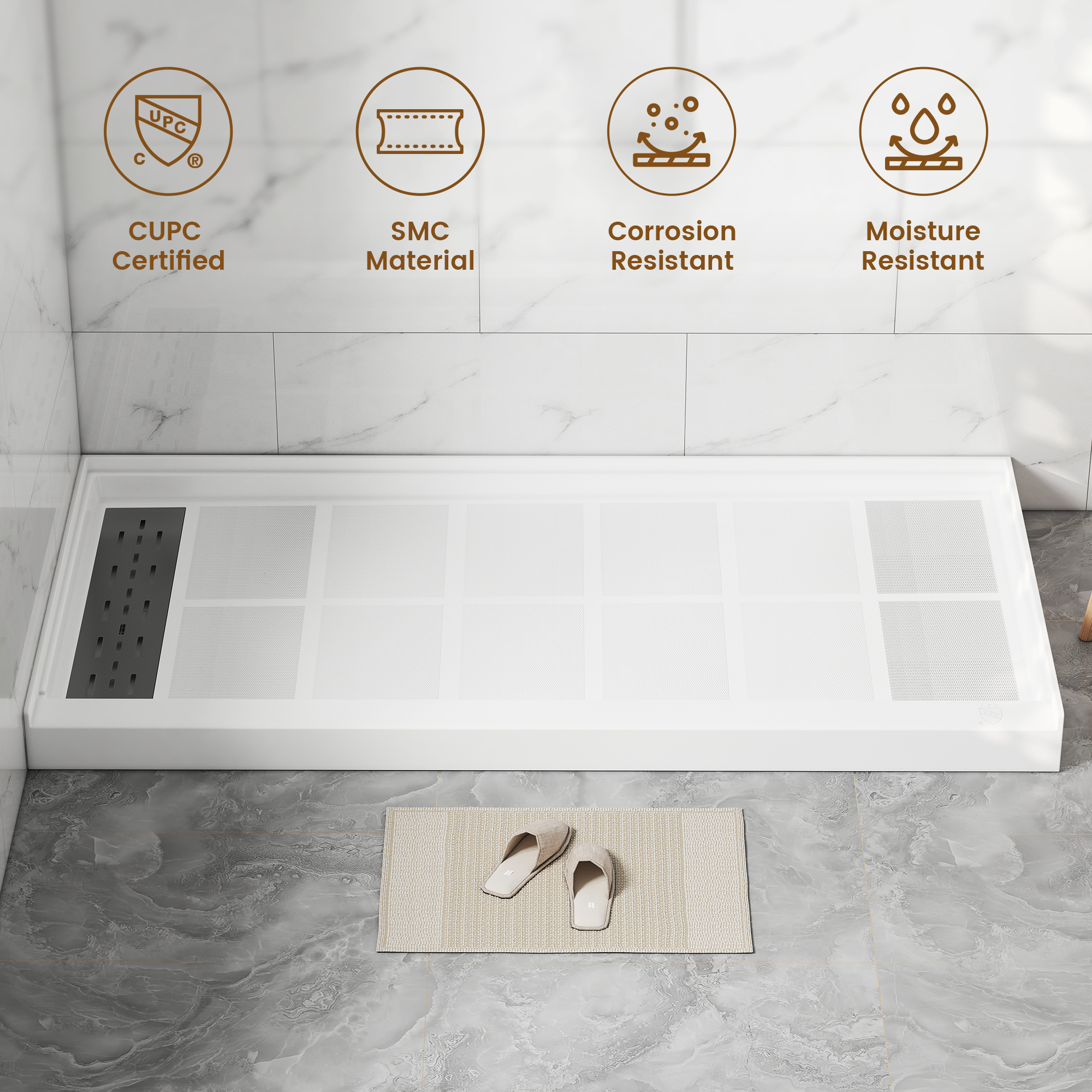 60"x30" SMC Alcove Shower Pan Base in White, Drain Included