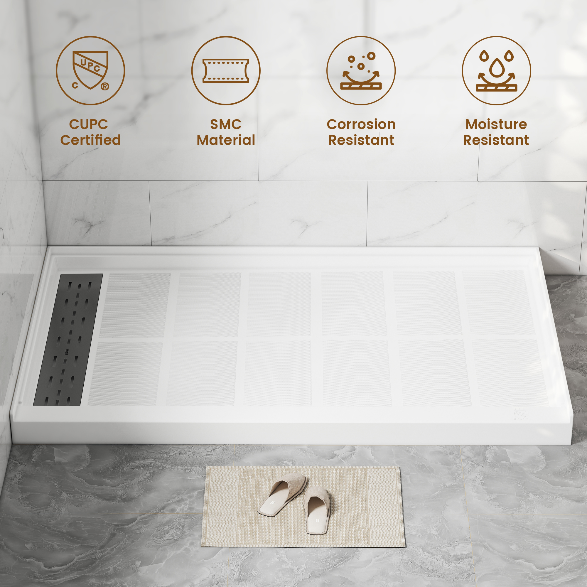 60"x36" White SMC Rectangle Single Threshold Shower Pan Base