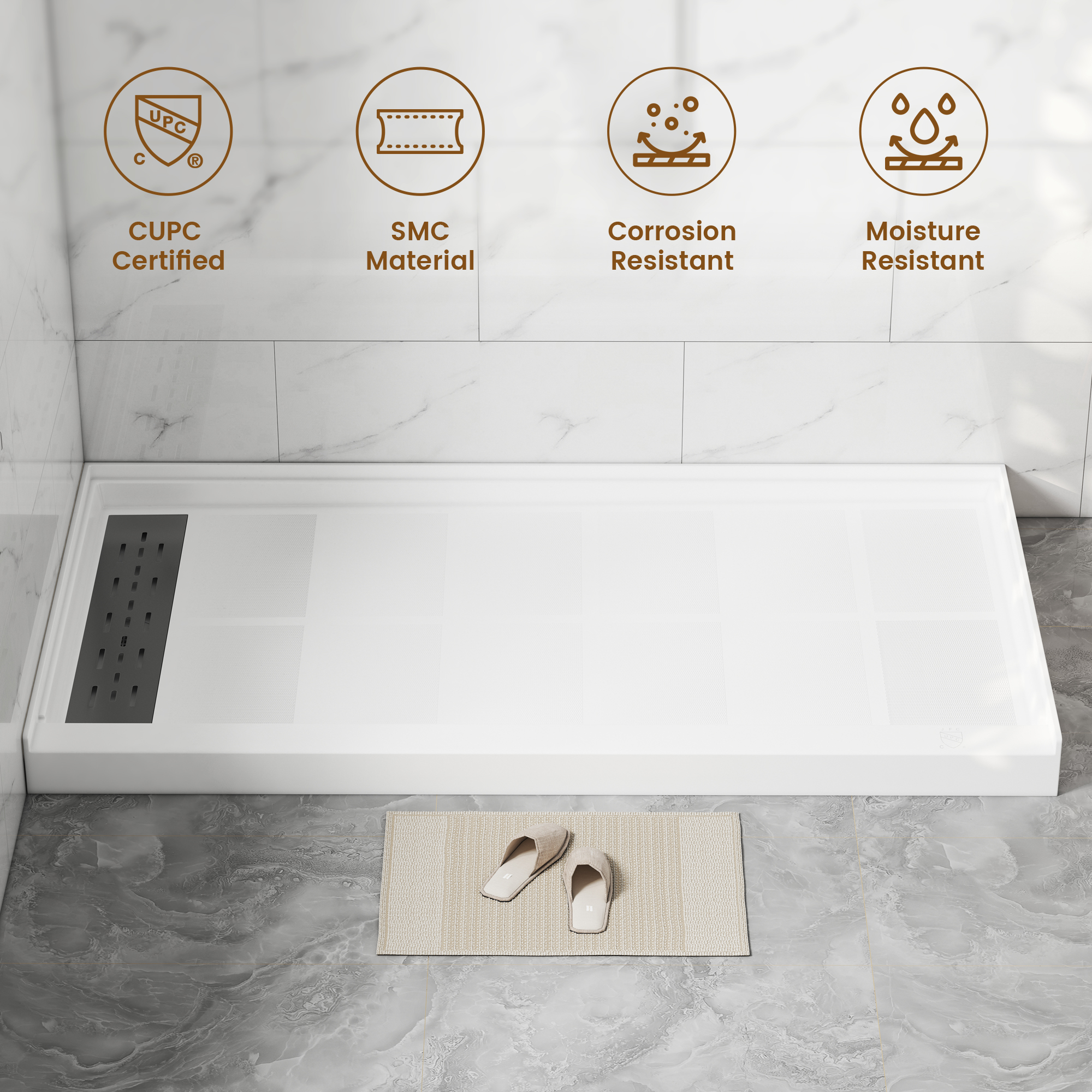 60"x32" White SMC Single Threshold Alcove Shower Pan Base