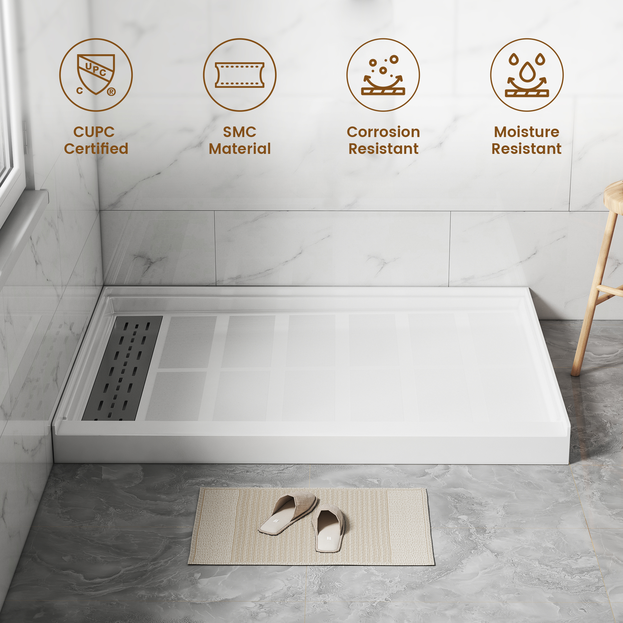 48"x36" SMC White Shower Base with Non-Slip Surface, CUPC Certified