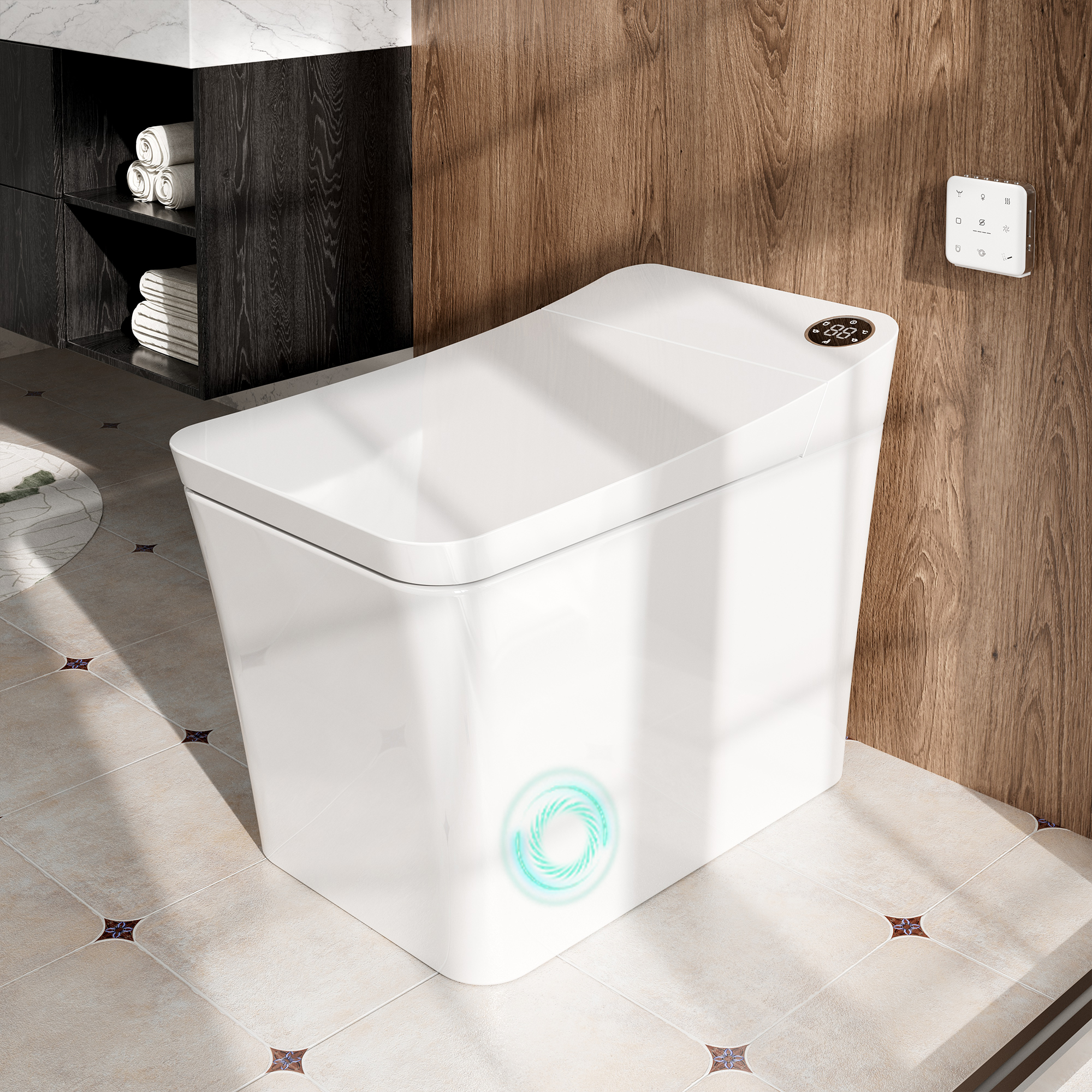 Elongated White Square-Shaped Tankless Smart Bidet Toilet
