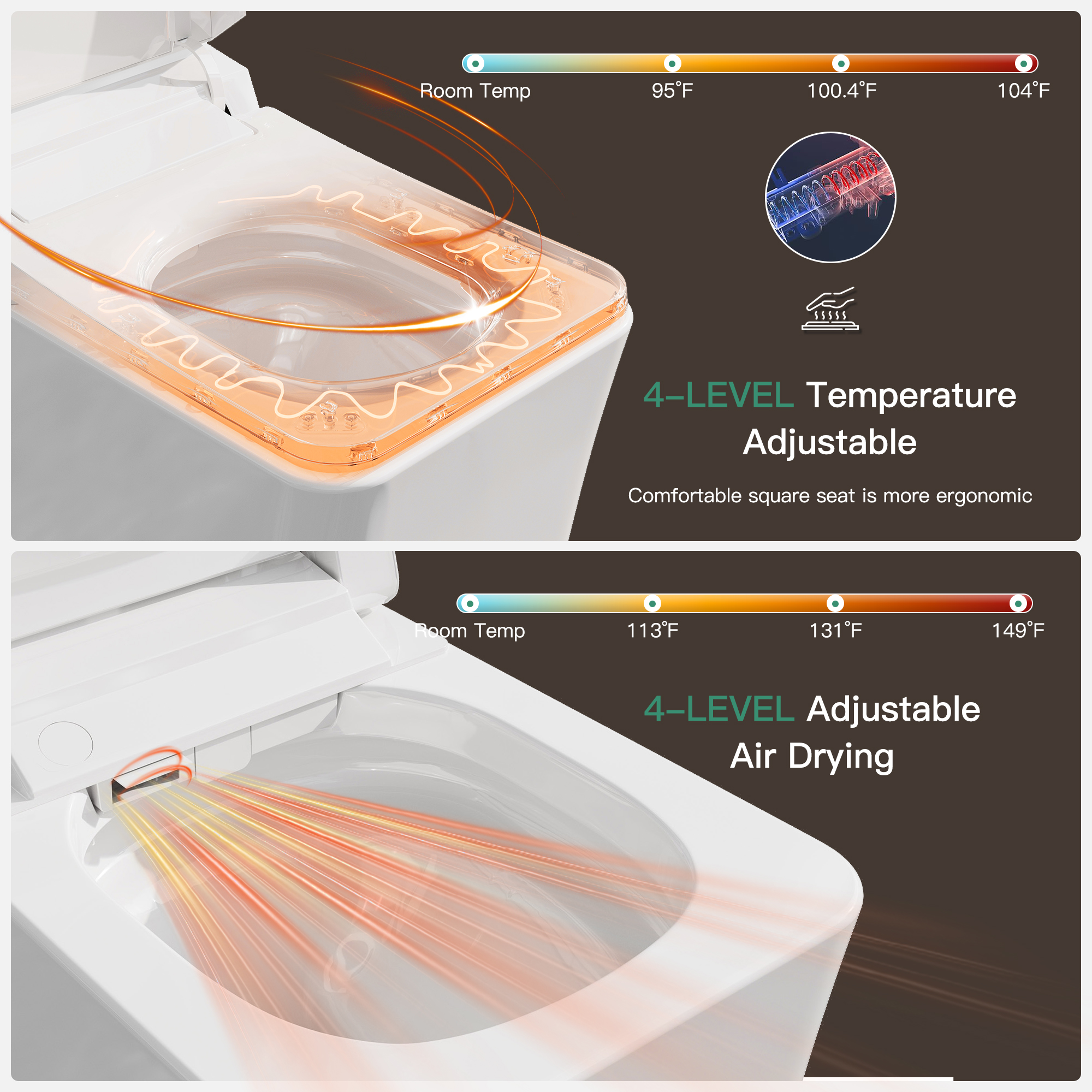 Elongated White Square-Shaped Tankless Smart Bidet Toilet