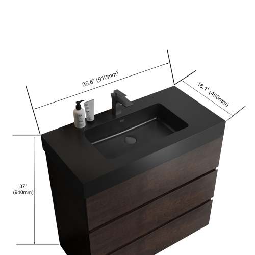 24"/30"/36" Walnut Freestanding Bathroom Vanity with Sink Basin and Three Drawers