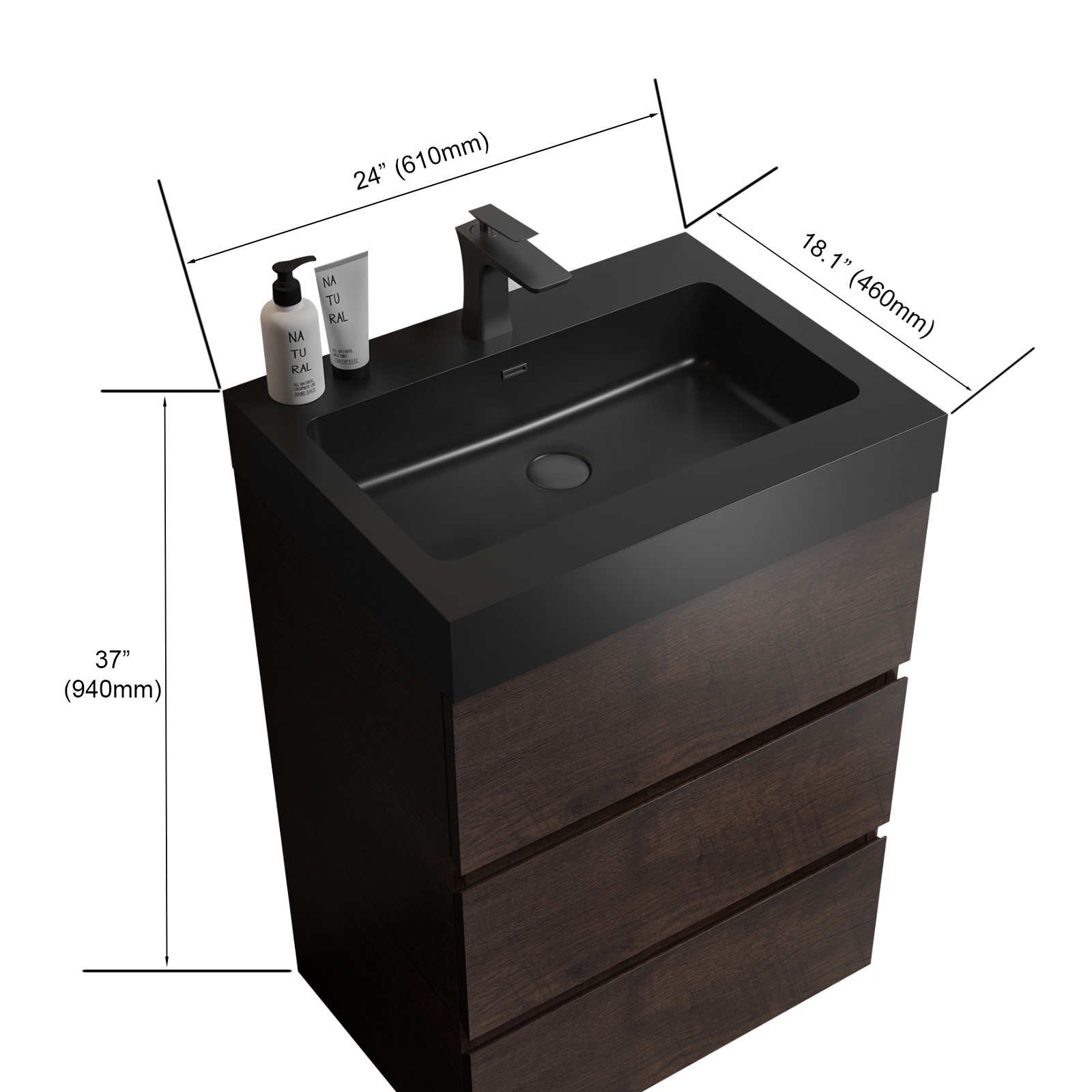 24"/30"/36" Walnut Freestanding Bathroom Vanity with Sink Basin and Three Drawers