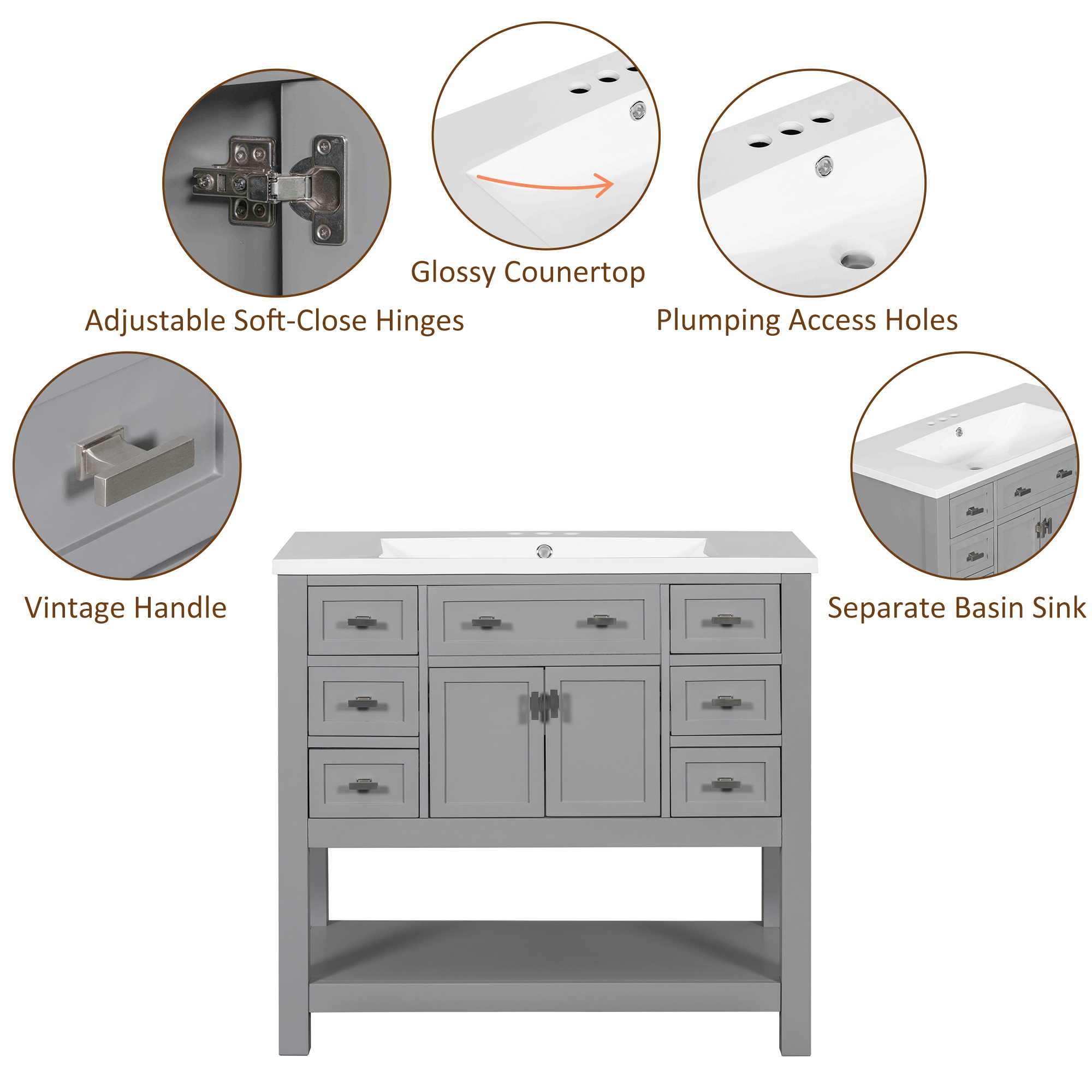 36'' Freestanding Single Sink Bathroom Vanity with 2 Soft Closing Doors and 6 Drawers