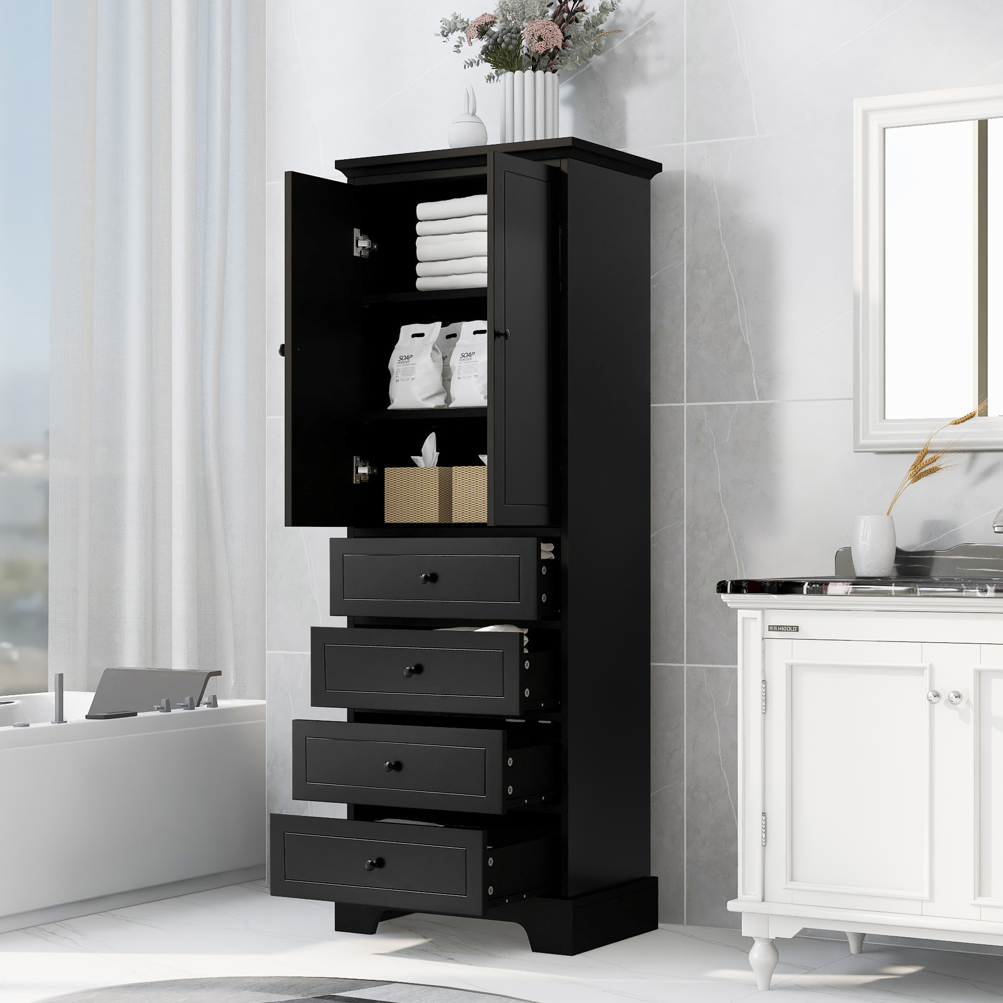 Bathroom Storage Cabinet with Drawers & Adjustable Shelves