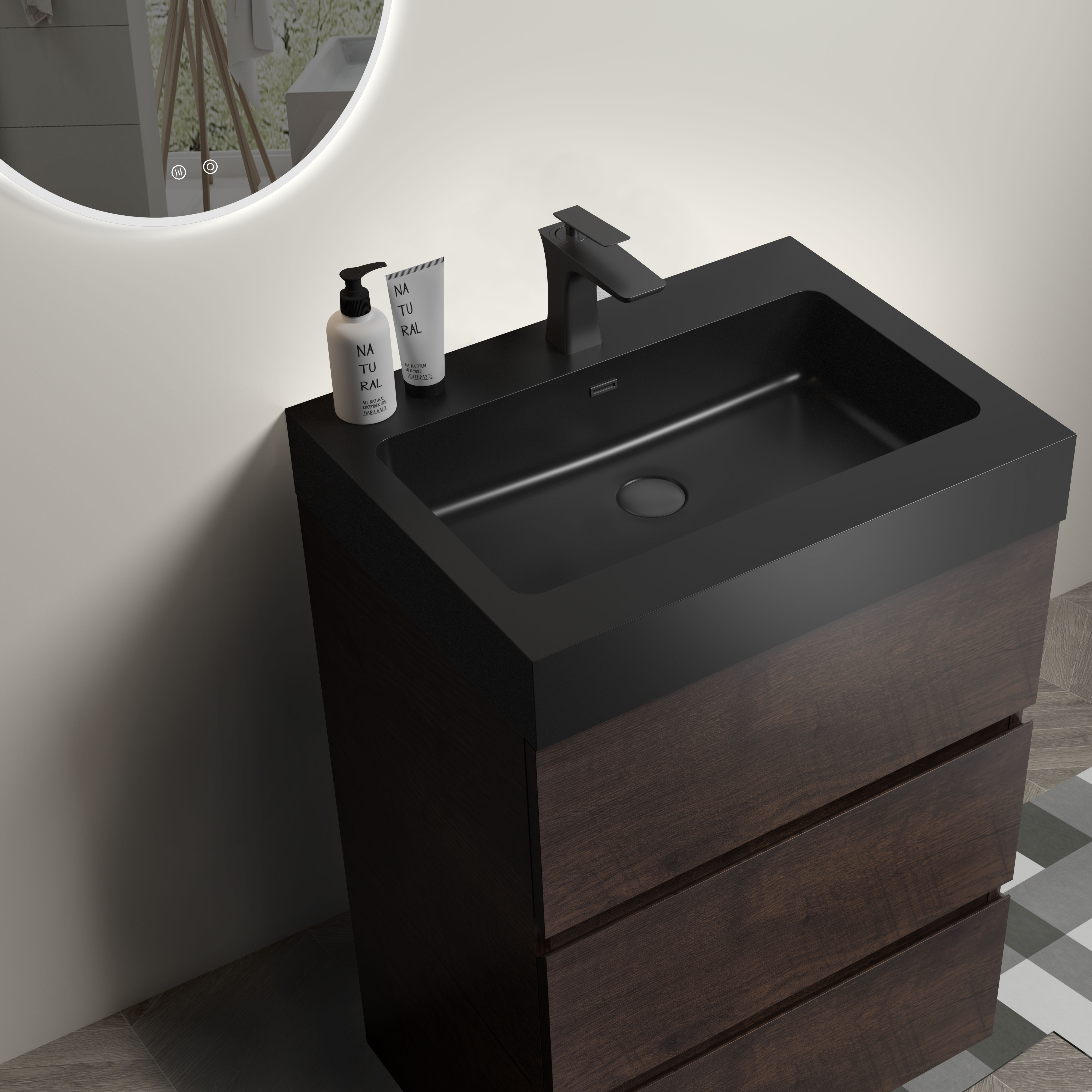 24"/30"/36" Walnut Freestanding Bathroom Vanity with Sink Basin and Three Drawers