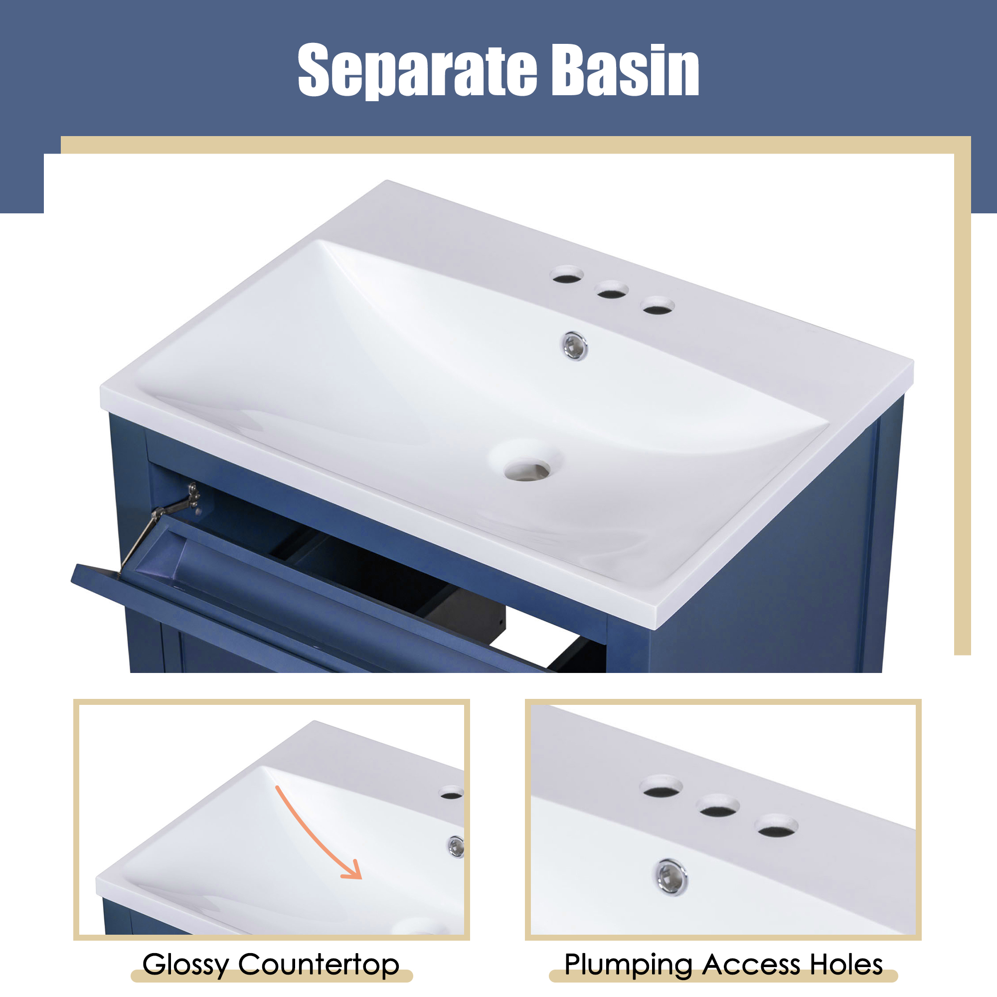 24" Single Sink Bathroom Vanity with White Countertop and 2 Storage Drawers