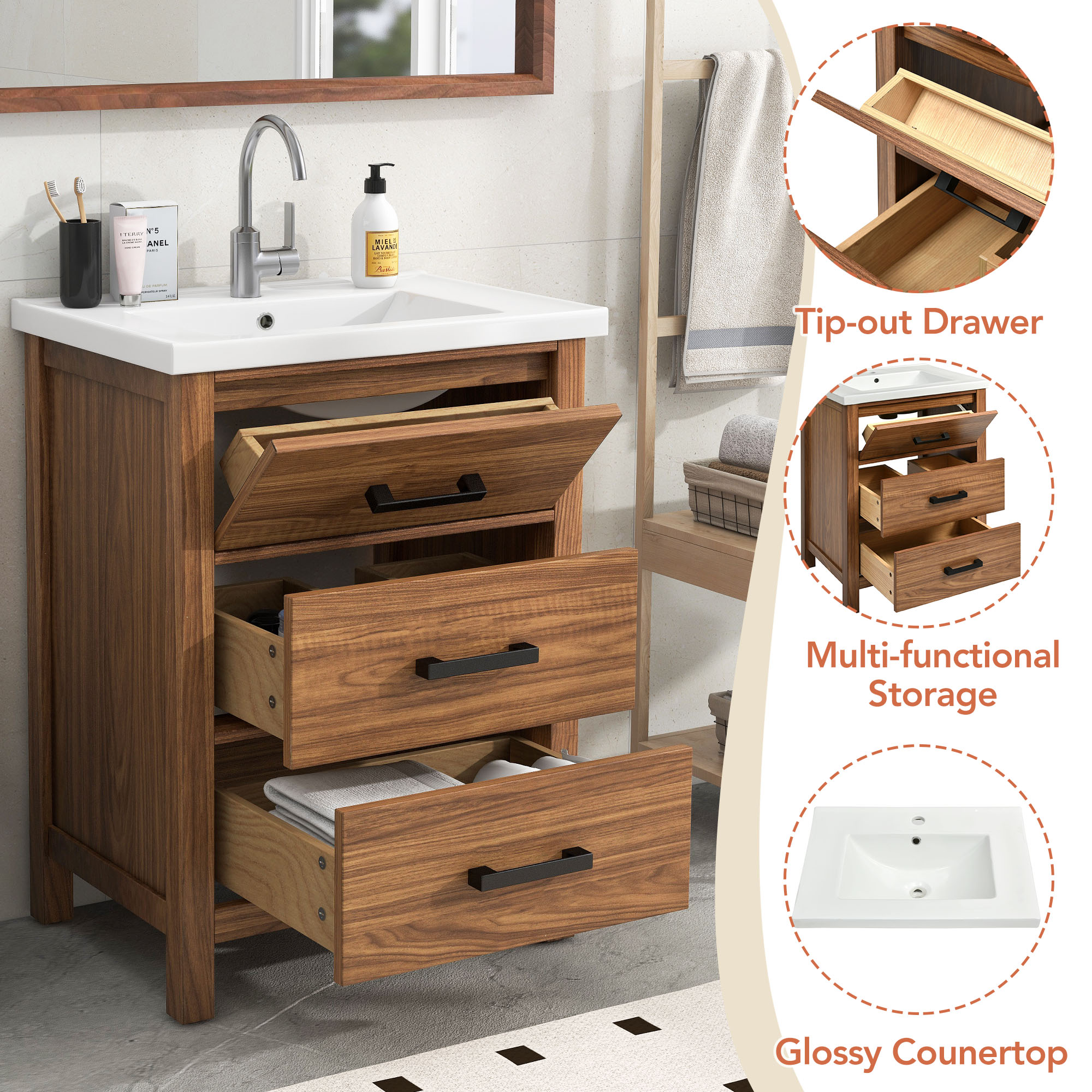 24'' Freestanding Bathroom Vanity with Ceramic Basin Sink and 3 Drawers