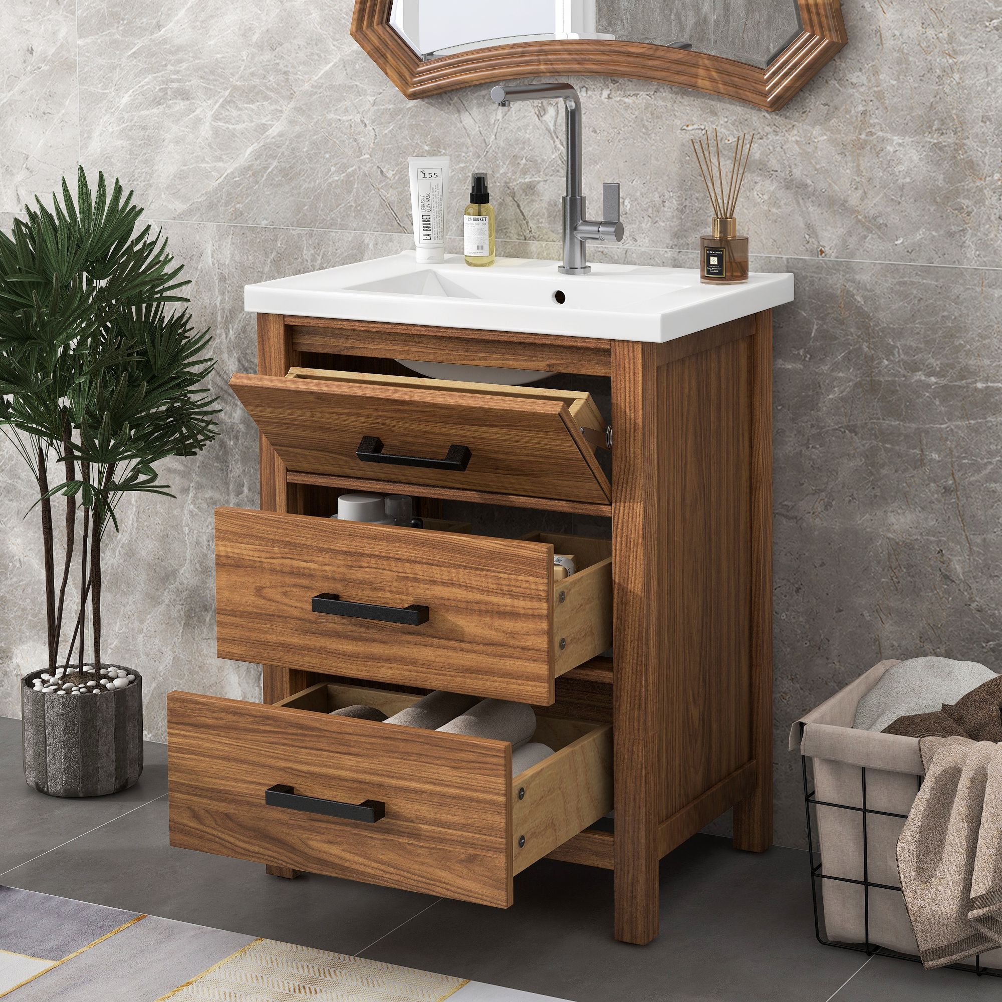 24'' Freestanding Bathroom Vanity with Ceramic Basin Sink and 3 Drawers
