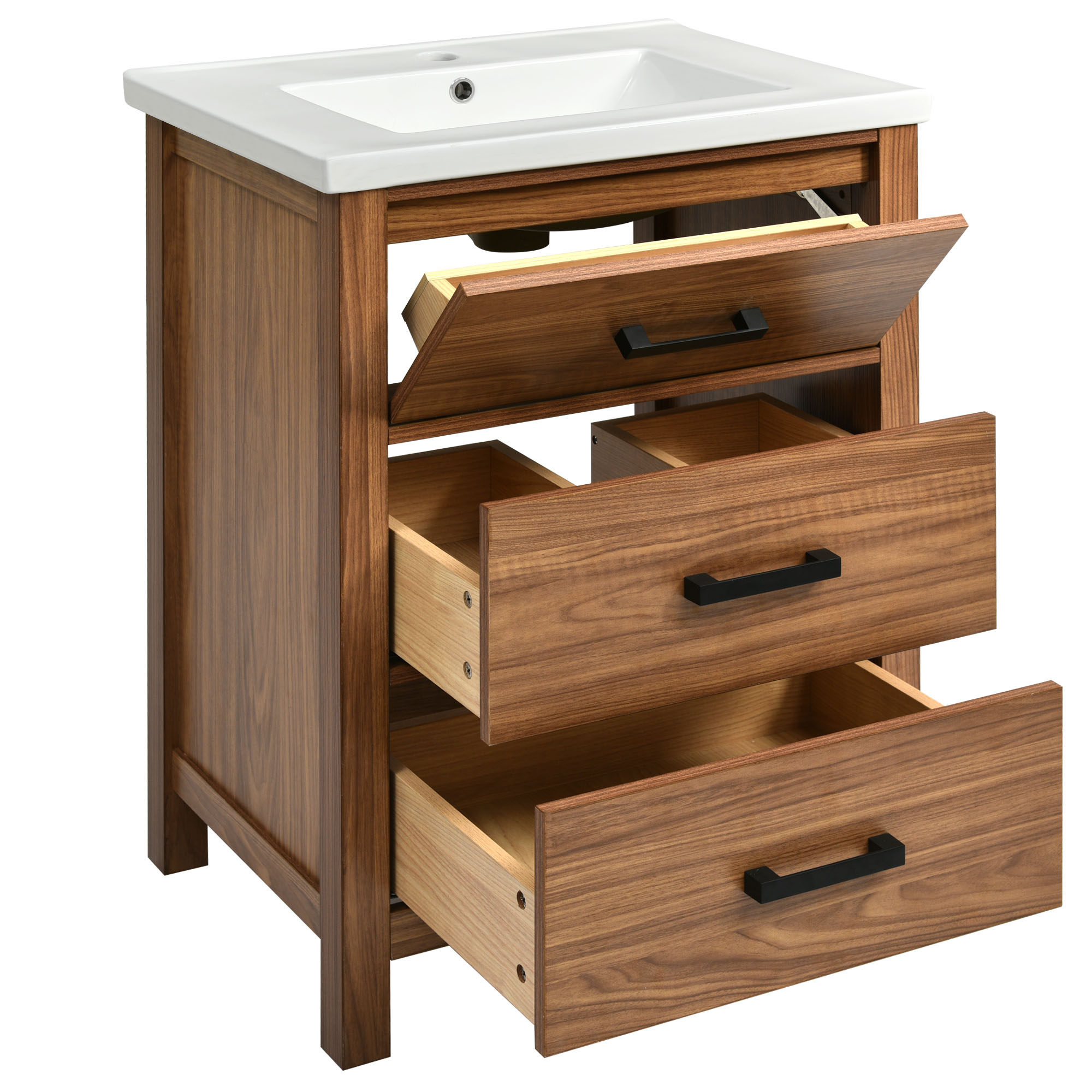 24'' Freestanding Bathroom Vanity with Ceramic Basin Sink and 3 Drawers