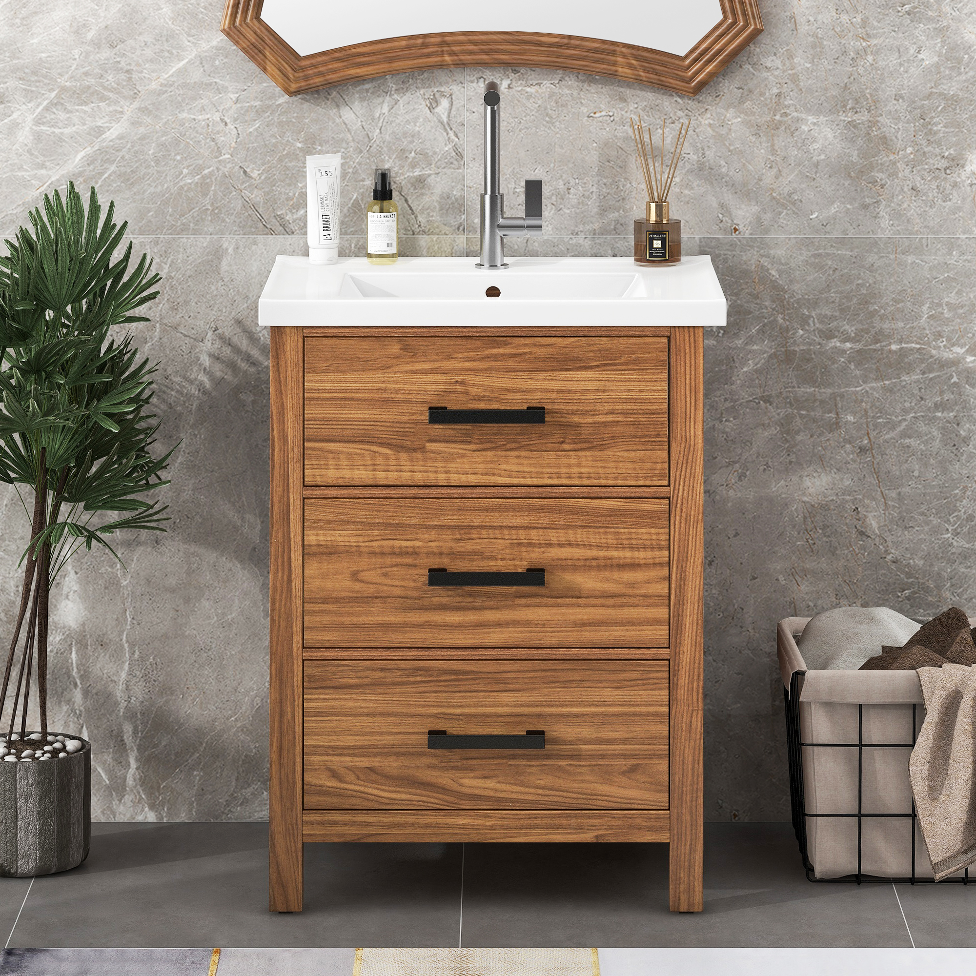 24'' Freestanding Bathroom Vanity with Ceramic Basin Sink and 3 Drawers
