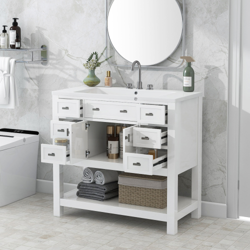 36'' Freestanding Single Sink Bathroom Vanity with 2 Soft Closing Doors and 6 Drawers