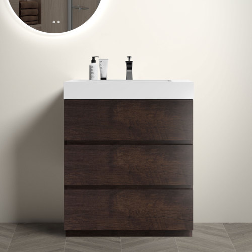 24"/30"/36" Walnut Freestanding Bathroom Vanity with Sink Basin and Three Drawers