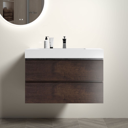 24"/30"/36" Walnut Wall-Mounted Floating Bathroom Vanity with Black&White Sink Basin