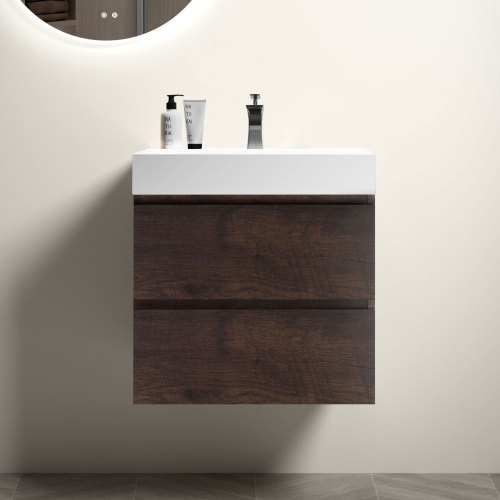 24"/30"/36" Walnut Wall-Mounted Floating Bathroom Vanity with Black&White Sink Basin