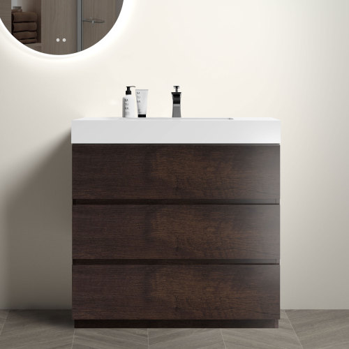 24"/30"/36" Walnut Freestanding Bathroom Vanity with Sink Basin and Three Drawers