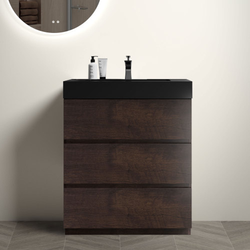 24"/30"/36" Walnut Freestanding Bathroom Vanity with Sink Basin and Three Drawers