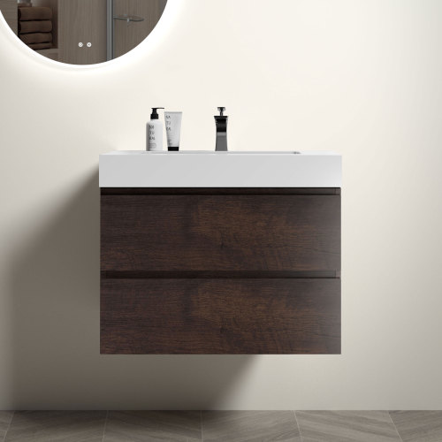 24"/30"/36" Walnut Wall-Mounted Floating Bathroom Vanity with Black&White Sink Basin
