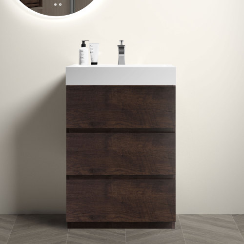 24"/30"/36" Walnut Freestanding Bathroom Vanity with Sink Basin and Three Drawers