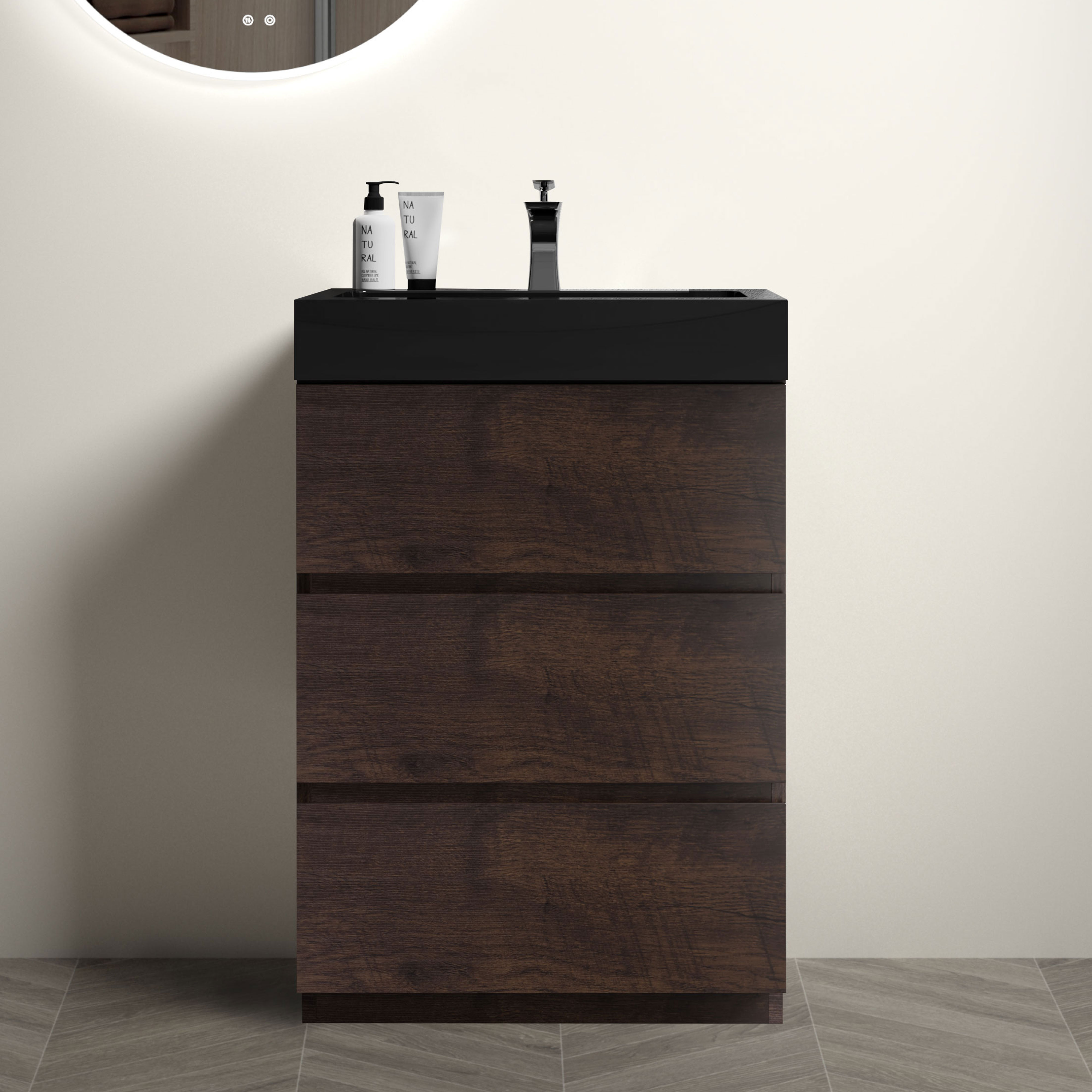 24"/30"/36" Walnut Freestanding Bathroom Vanity with Sink Basin and Three Drawers