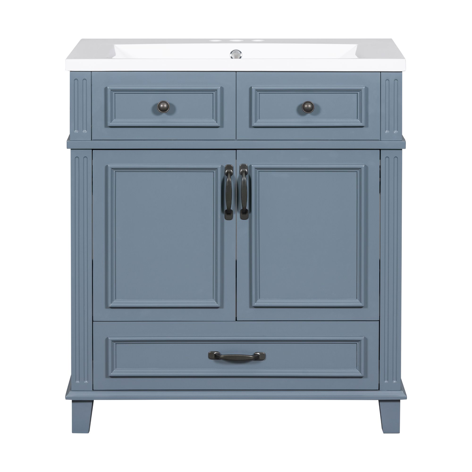 30" Solid Wood Frame Freestanding Bathroom Vanity with Resin Sink and Soft Closing Doors