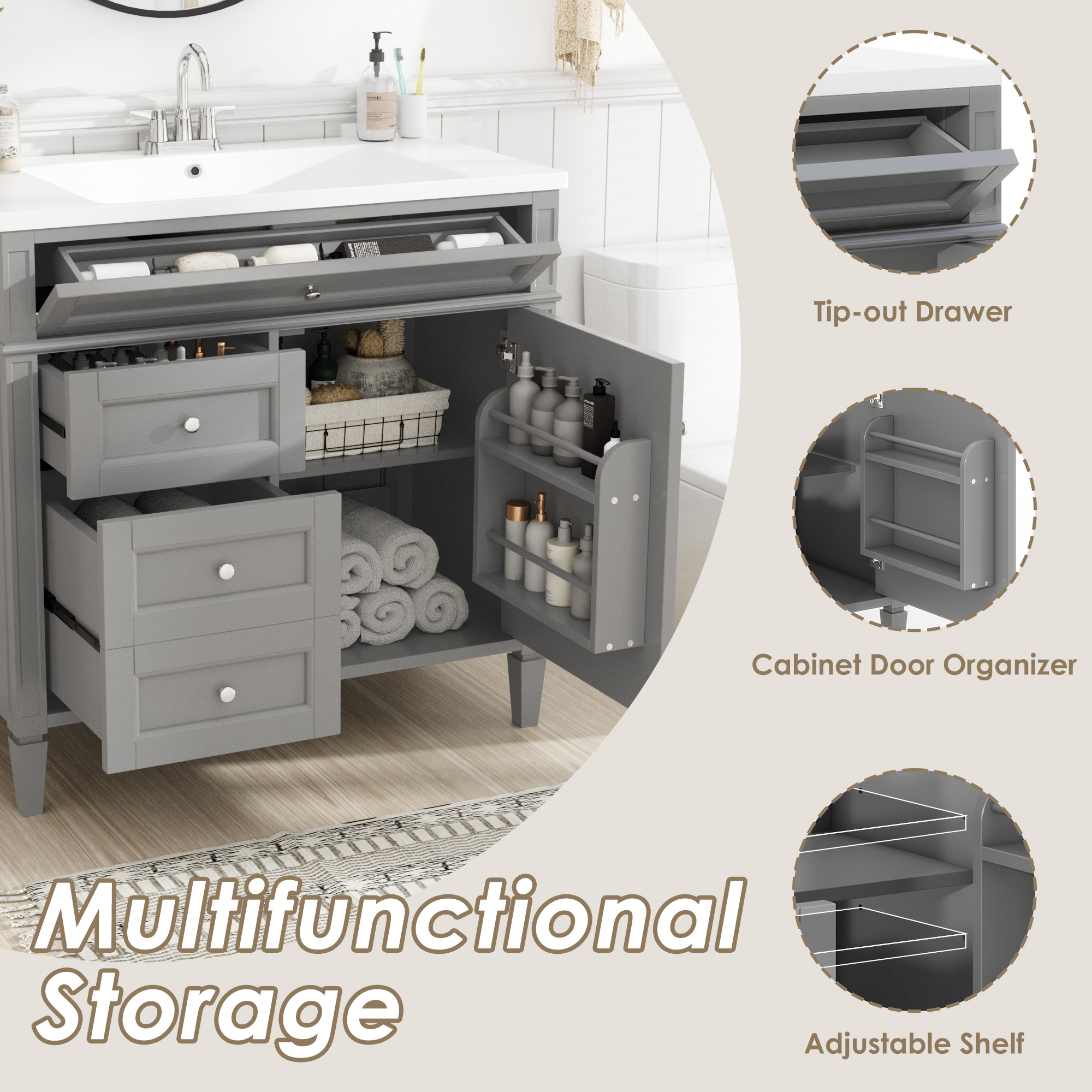 36" Freestanding Bathroom Vanity in Grey with 2 Drawers and a Tip-out Drawer