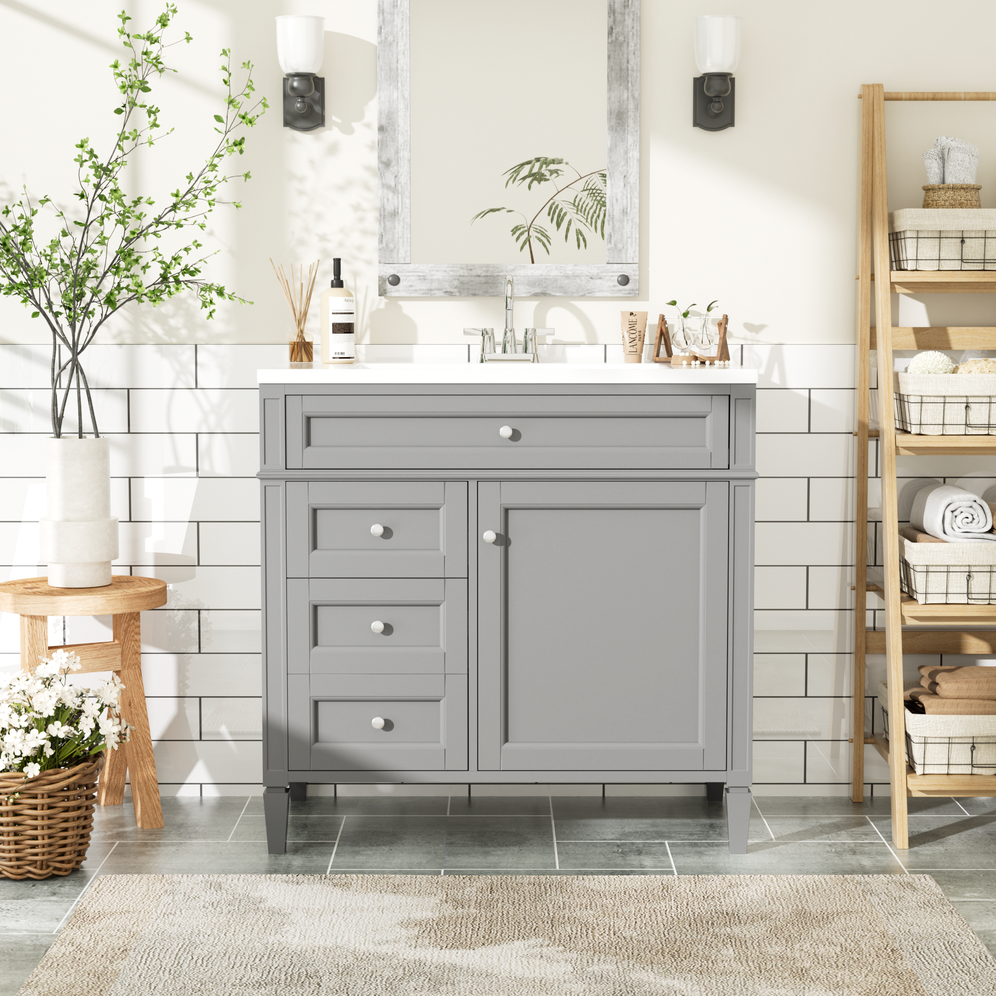 36" Freestanding Bathroom Vanity in Grey with 2 Drawers and a Tip-out Drawer