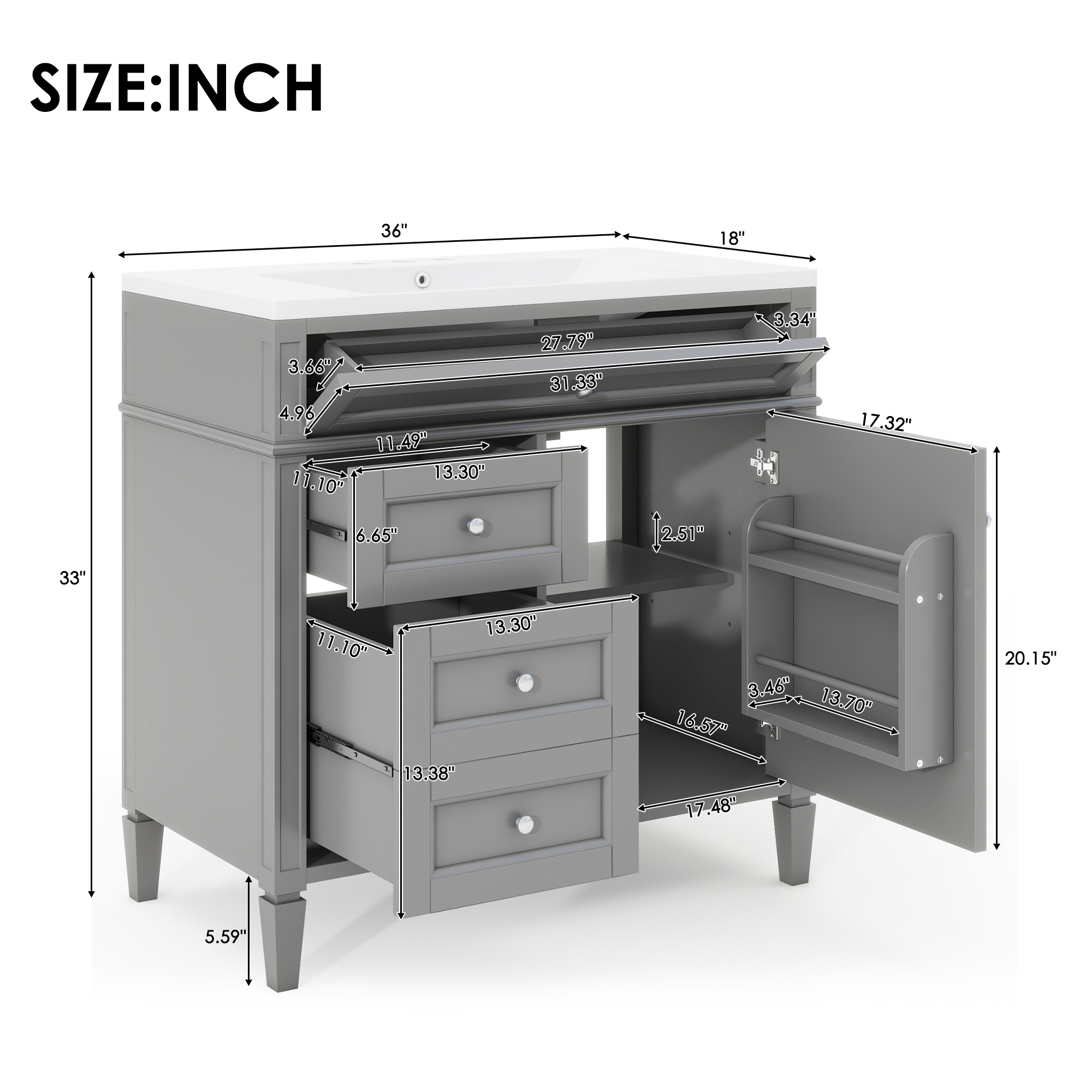 36" Freestanding Bathroom Vanity in Grey with 2 Drawers and a Tip-out Drawer