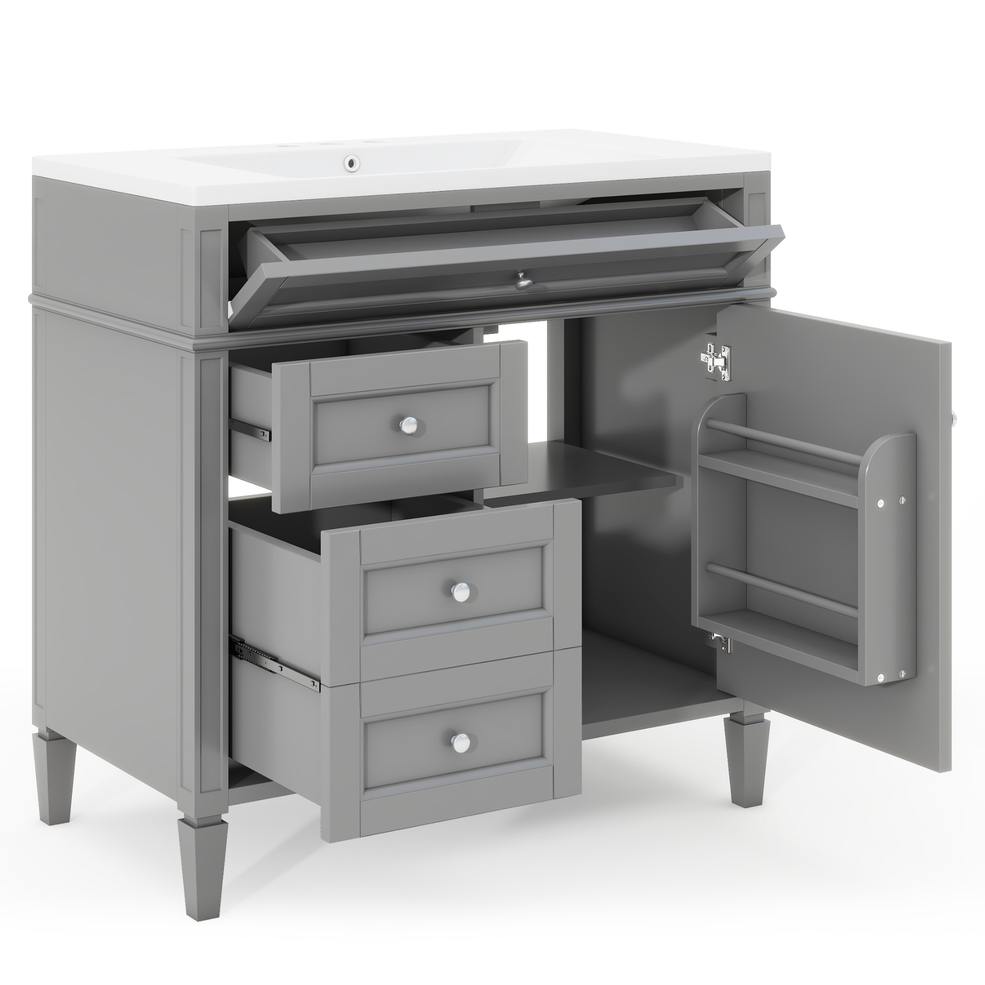 36" Freestanding Bathroom Vanity in Grey with 2 Drawers and a Tip-out Drawer